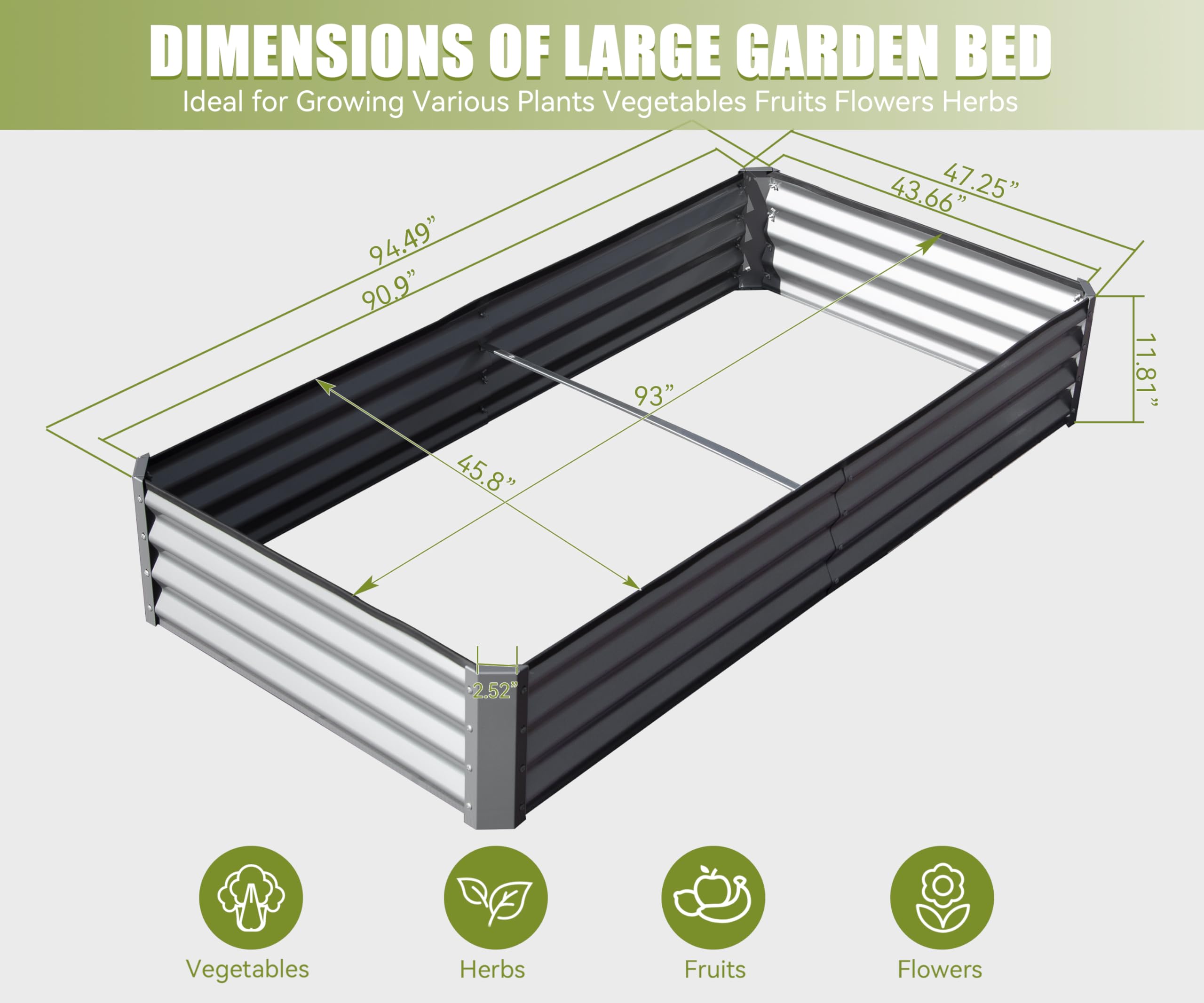 8x4x1 ft Galvanized Raised Garden Bed, Outdoor Planter Garden Boxes Large Metal Planter Box for Gardening Vegetables Fruits Flowers, Gray/Green/Silver