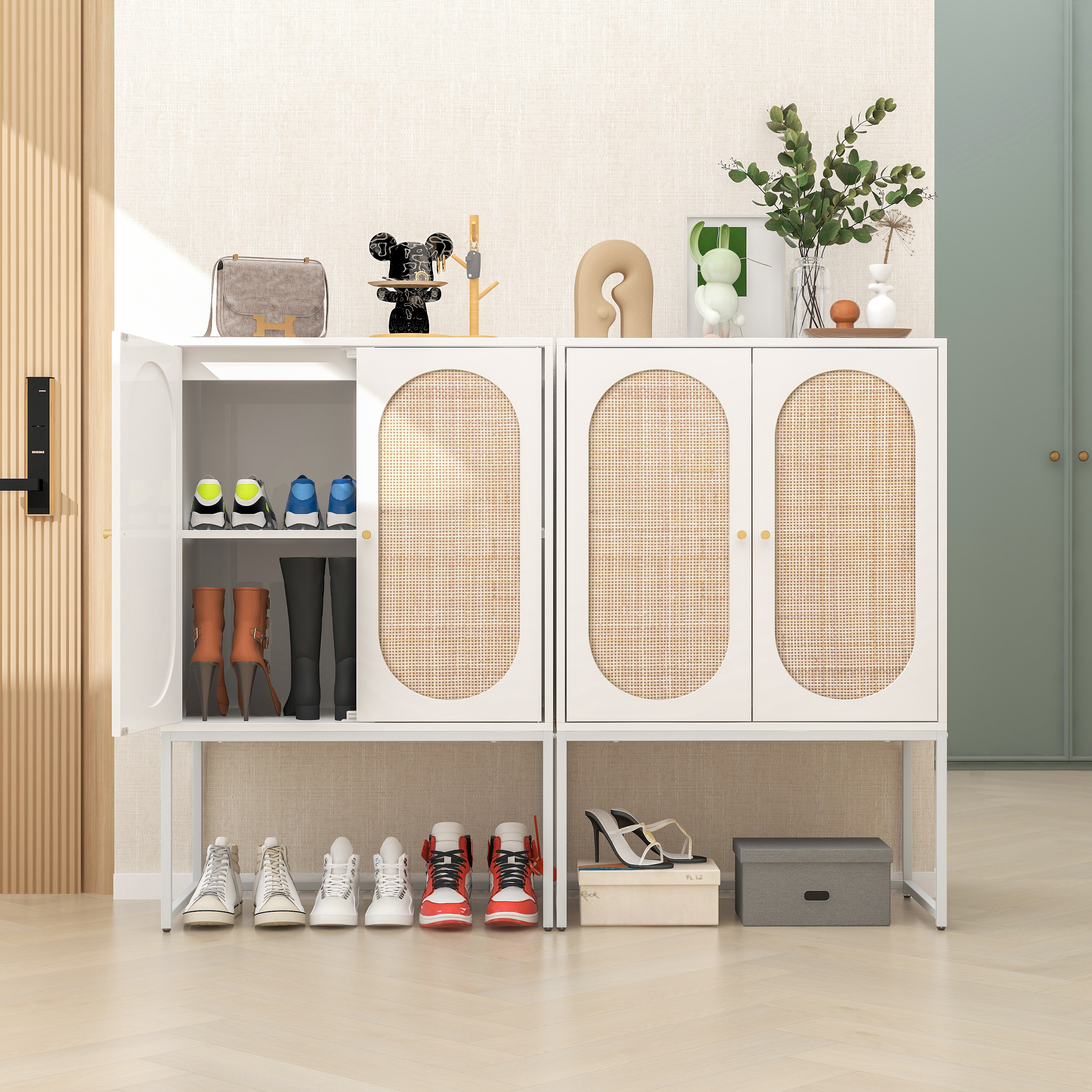 Set of 2, Natural Rattan 2 Door High Cabinet, Built-in Adjustable Shelf, Easy Assembly, Free Standing Cabinet for Living Room Bedroom 