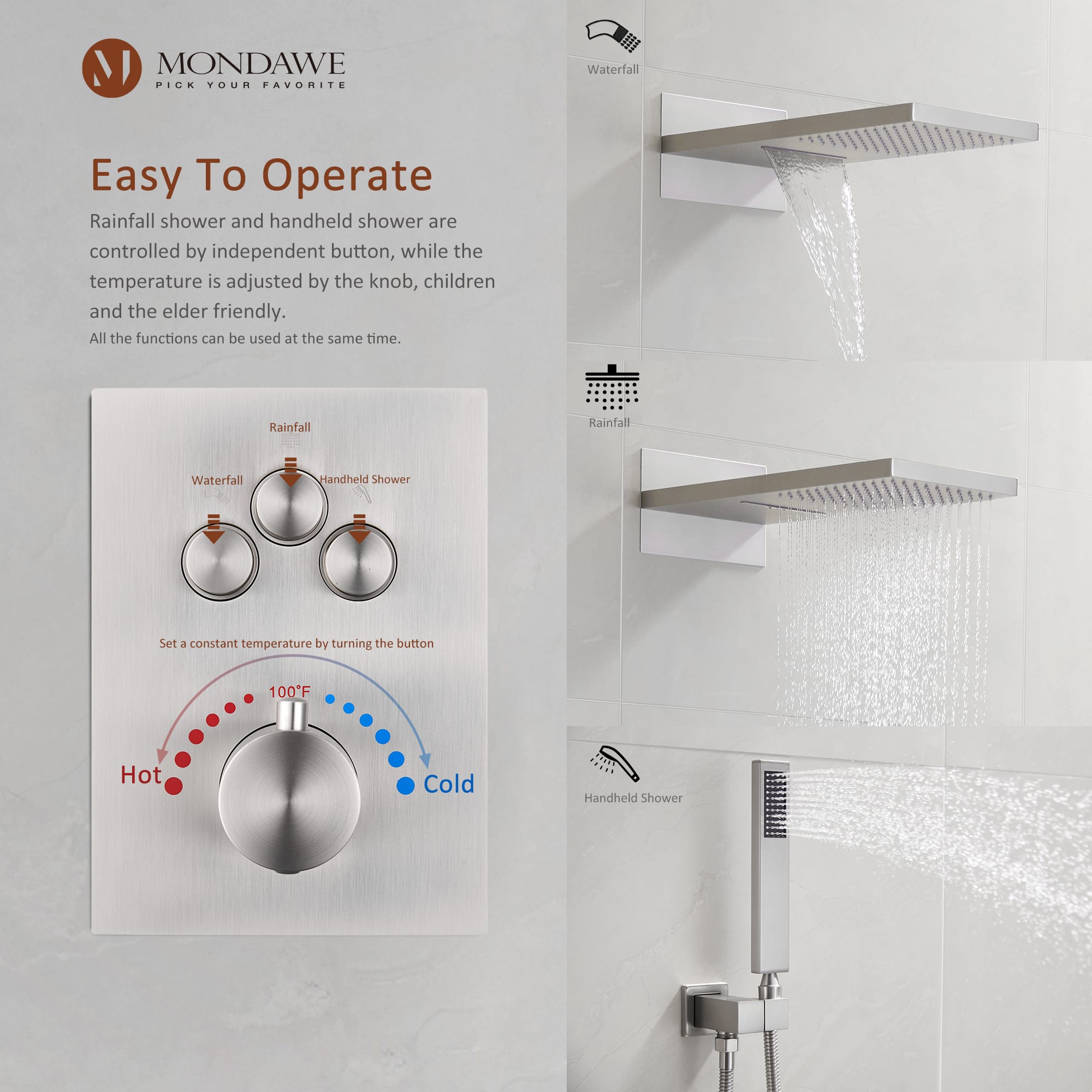 Mondawe 2 Functions Wall Mount Luxury Thermostatic Complete Shower System (Rough-In Valve Included) in Nickel/Black-Mondawe