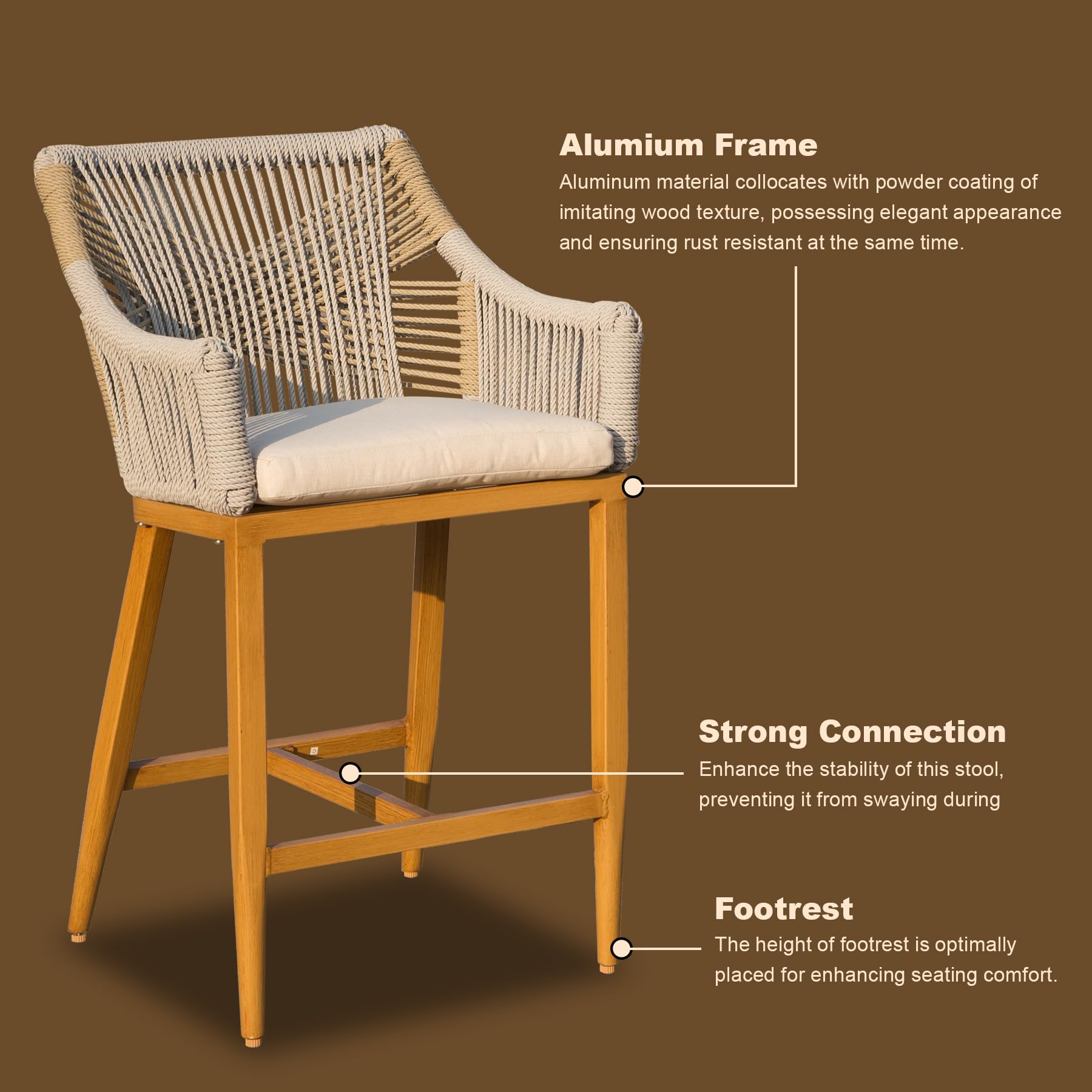 Bar Stools Set of 2, Outdoor Counter Height Bar Chairs with Arm and Backrest, Aluminum Tall Bar stools with Cushion Modern Textilene Rope Boho Barstools for Garden, Pool, Patio, Kitchen-Square Backres/Rounded Backre