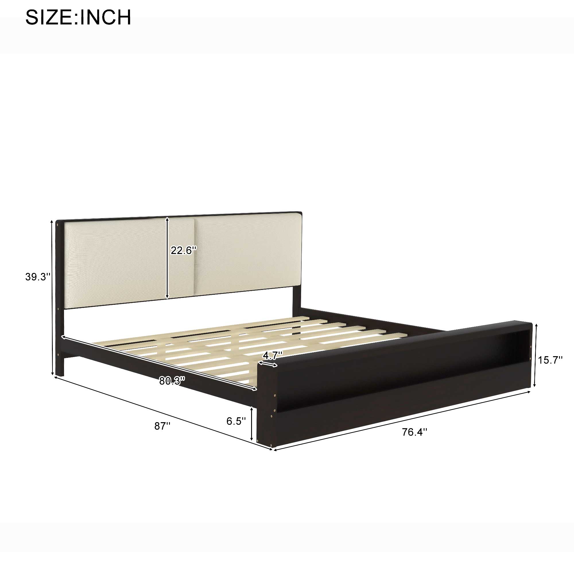 King/Queen Size Platform Bed Frame with Upholstery Headboard and Bookshelf in Footboard and LED Light Strips, Espresso
