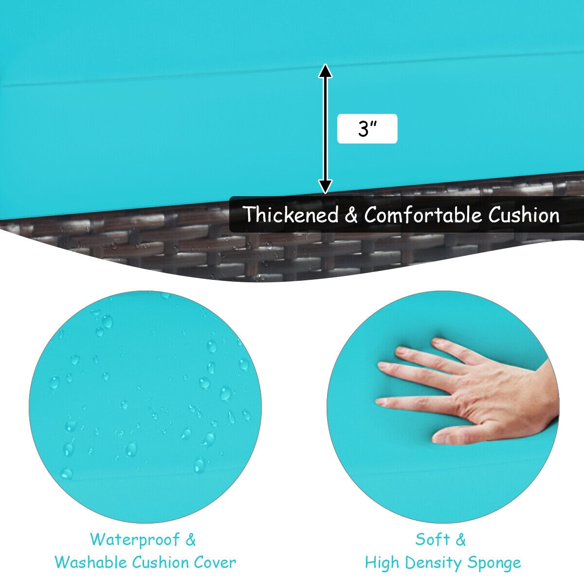 Mondawe 3 Pcs Solid Wood Frame Patio Rattan Furniture Set-Turquoise-Mondawe