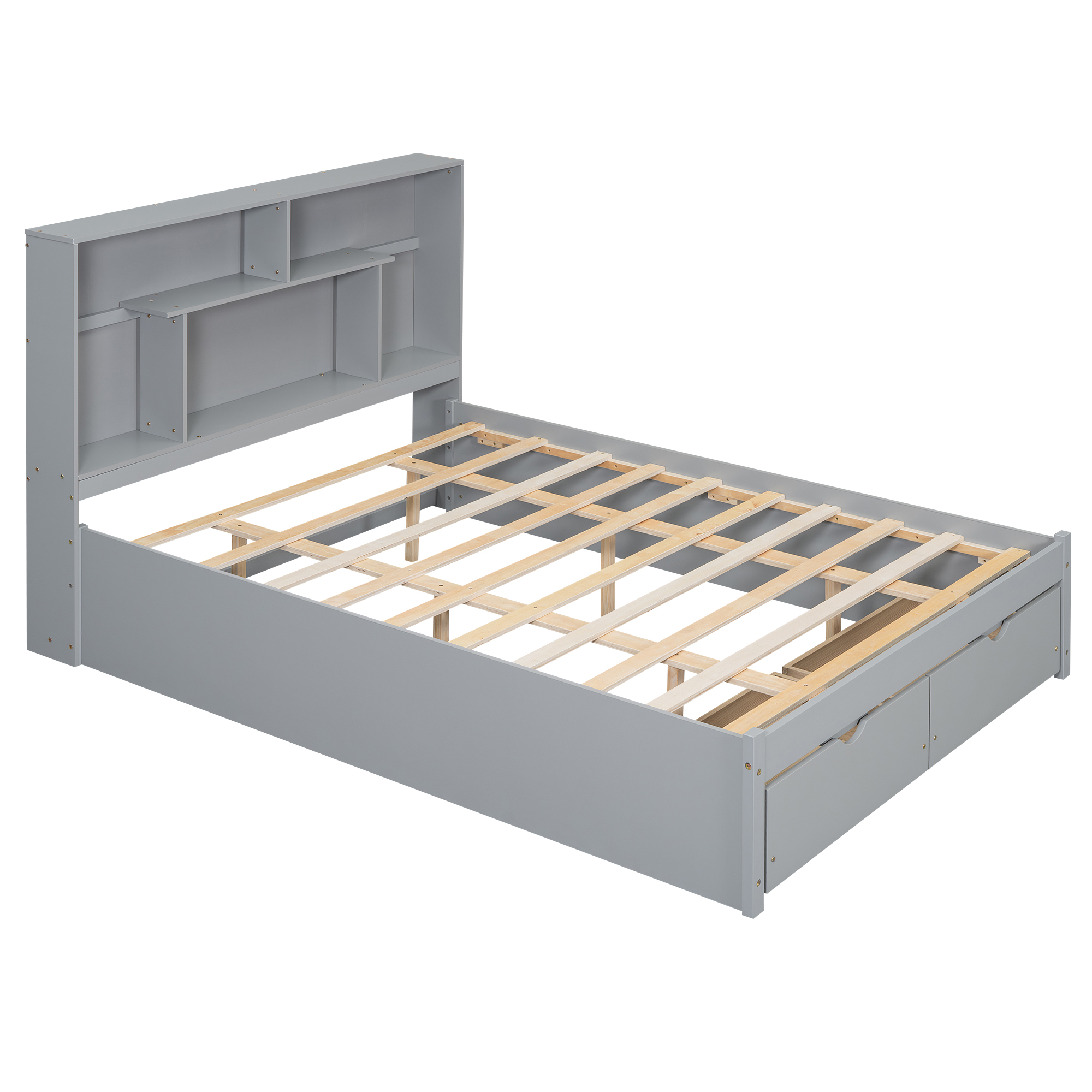 Full/Queen Size Platform Bed with Storage Headboard and 2 Drawers, Gray/White