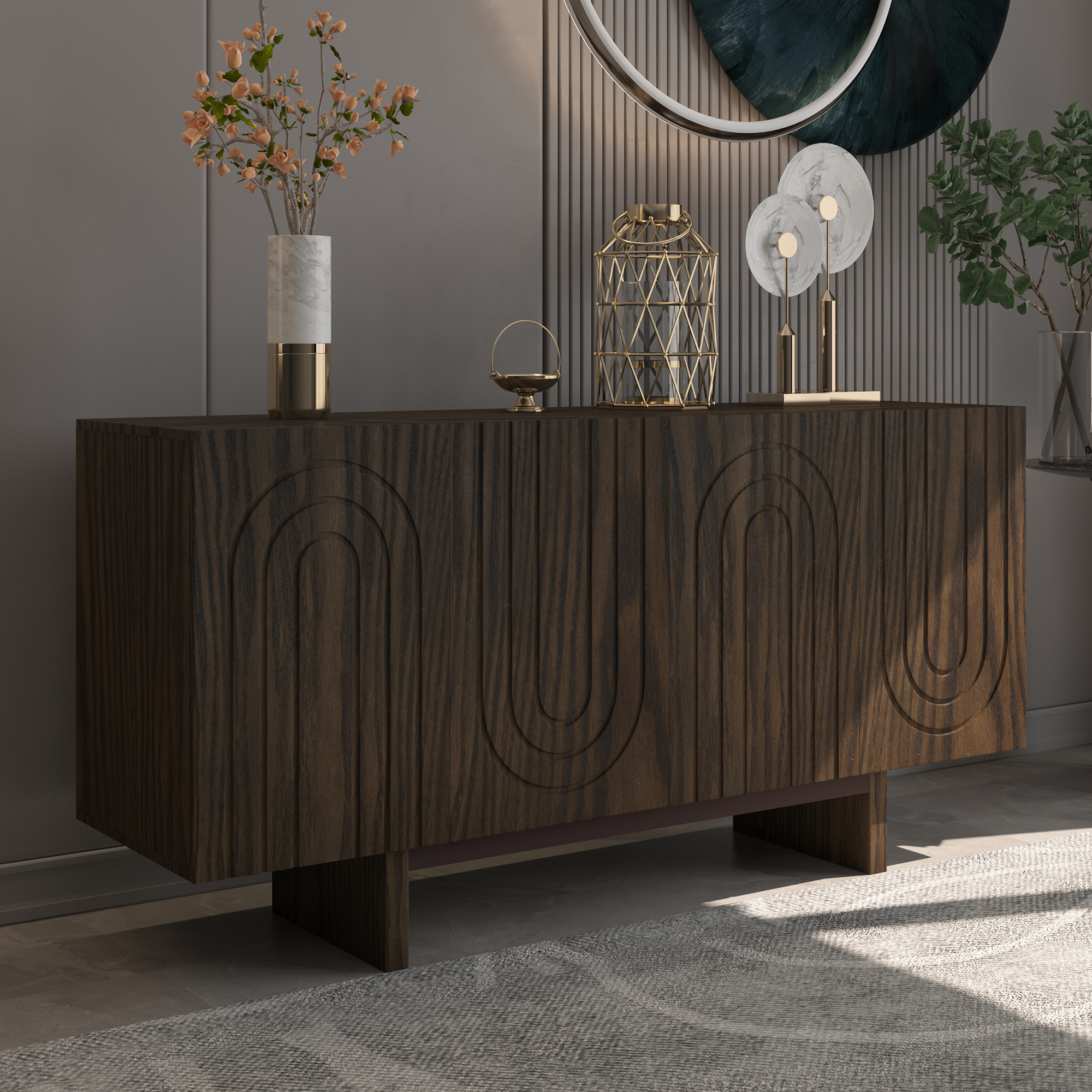 Dark Brown/White 4-Door 62.99 in. Wood Grain Buffet Sideboard with MDF Legs For Living Room, Foyer and Kitchen-Dining Room