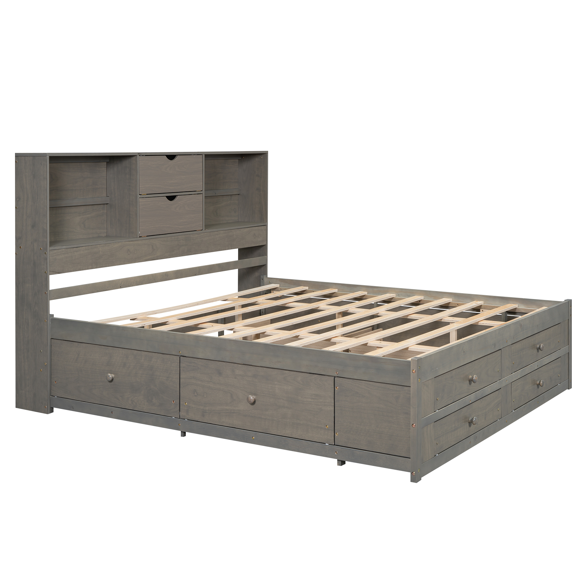 Queen/King Size Platform Bed with Storage Headboard and 8 Drawers, White/Gray