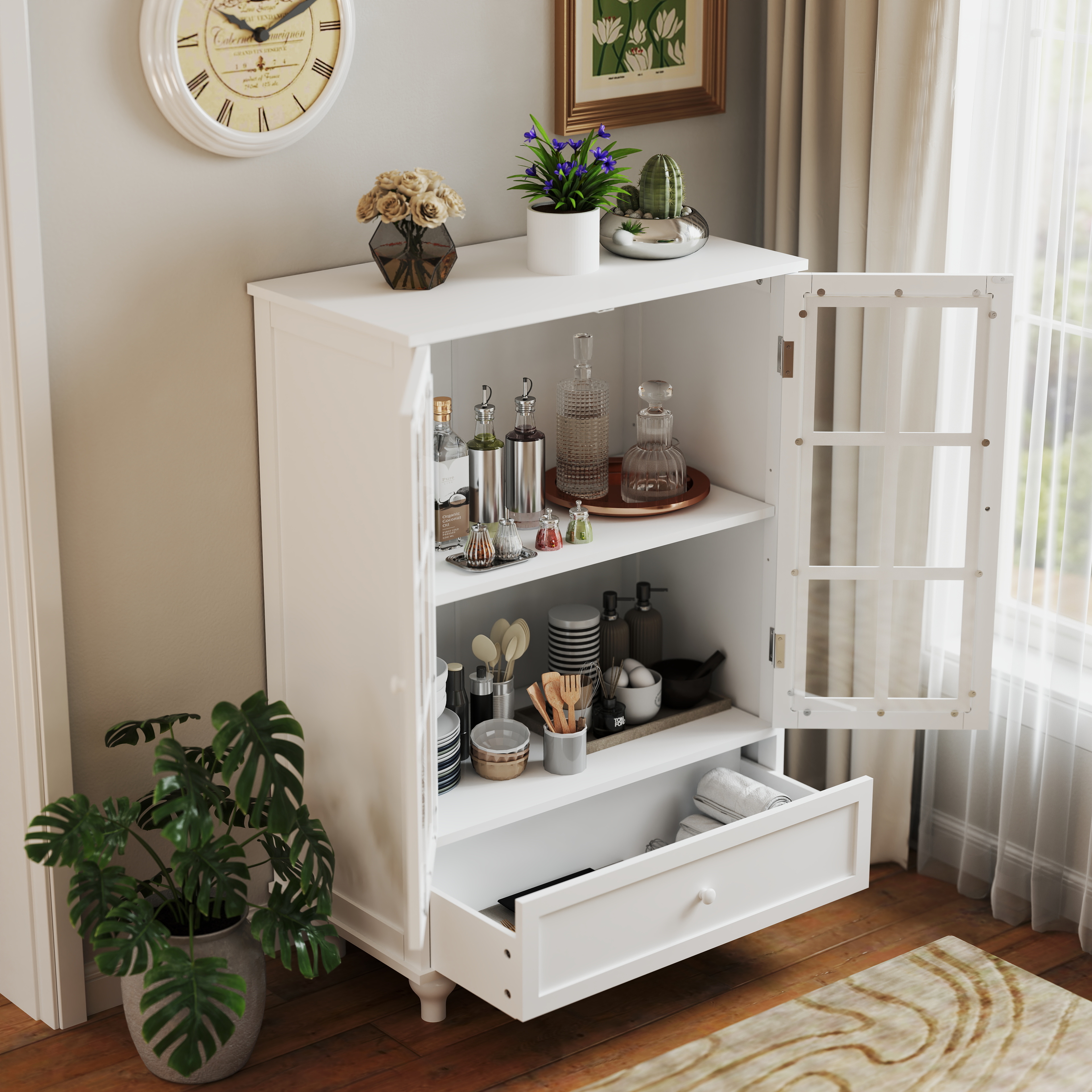 Minimalist White Buffet Cabinet with Double Glass Doors and Drawer, Modern Wooden Storage Sideboard Cupboard for Living room, Dining Room Hallway Entryway 