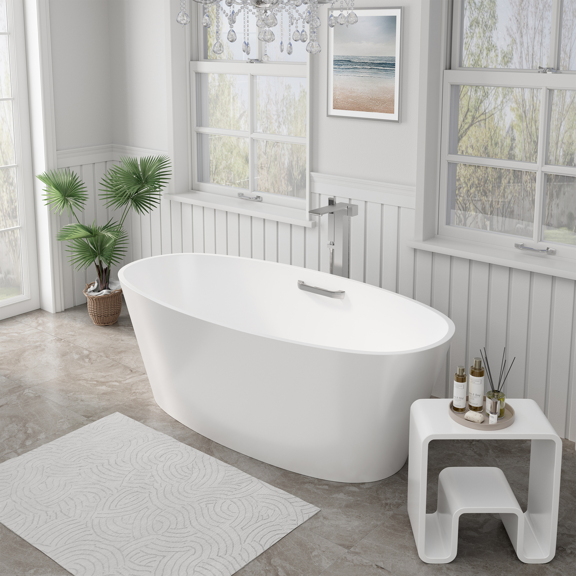 63" Matte White Solid Surface Freestanding Soaking Bathtub with One-Side Armrest