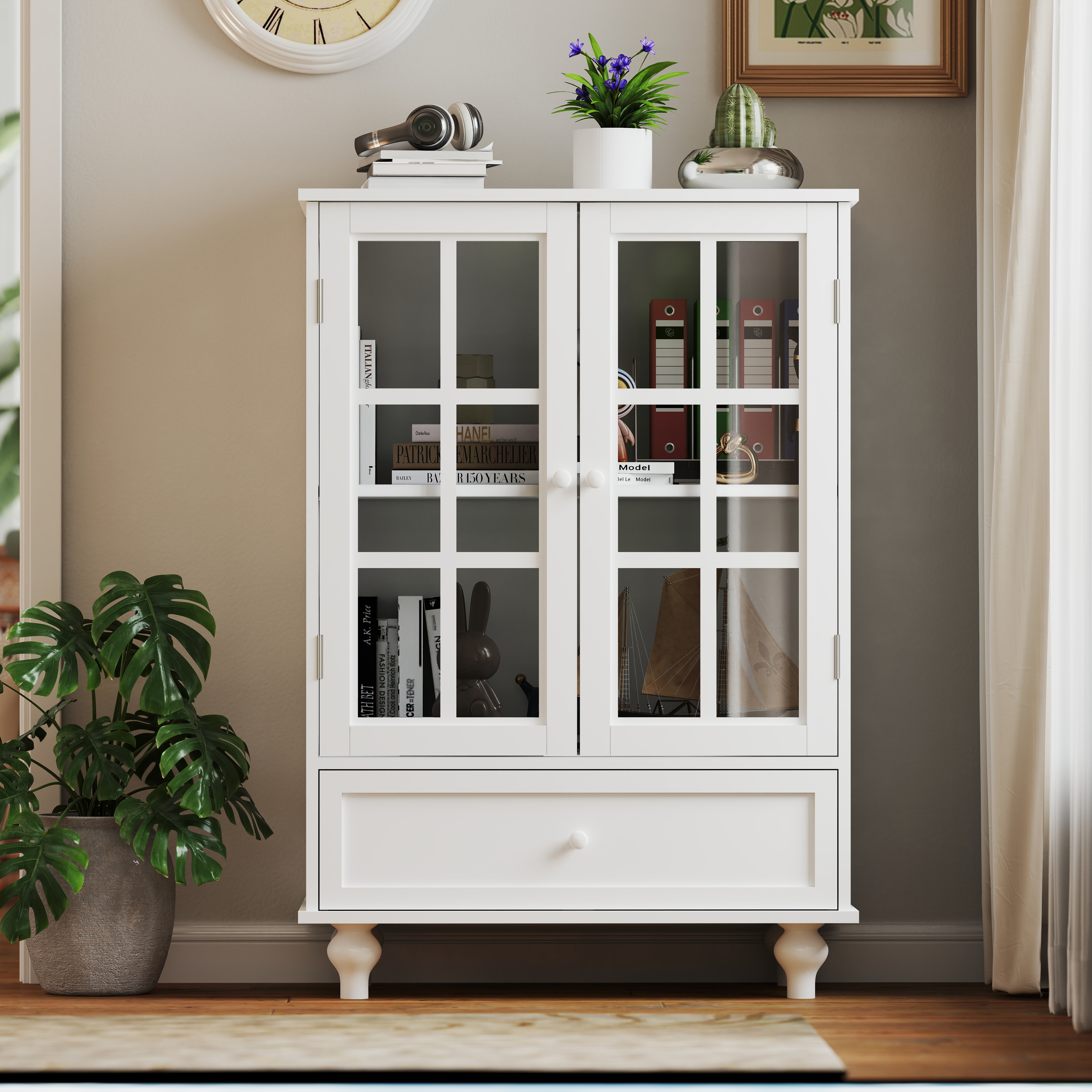 Minimalist White Buffet Cabinet with Double Glass Doors and Drawer, Modern Wooden Storage Sideboard Cupboard for Living room, Dining Room Hallway Entryway 
