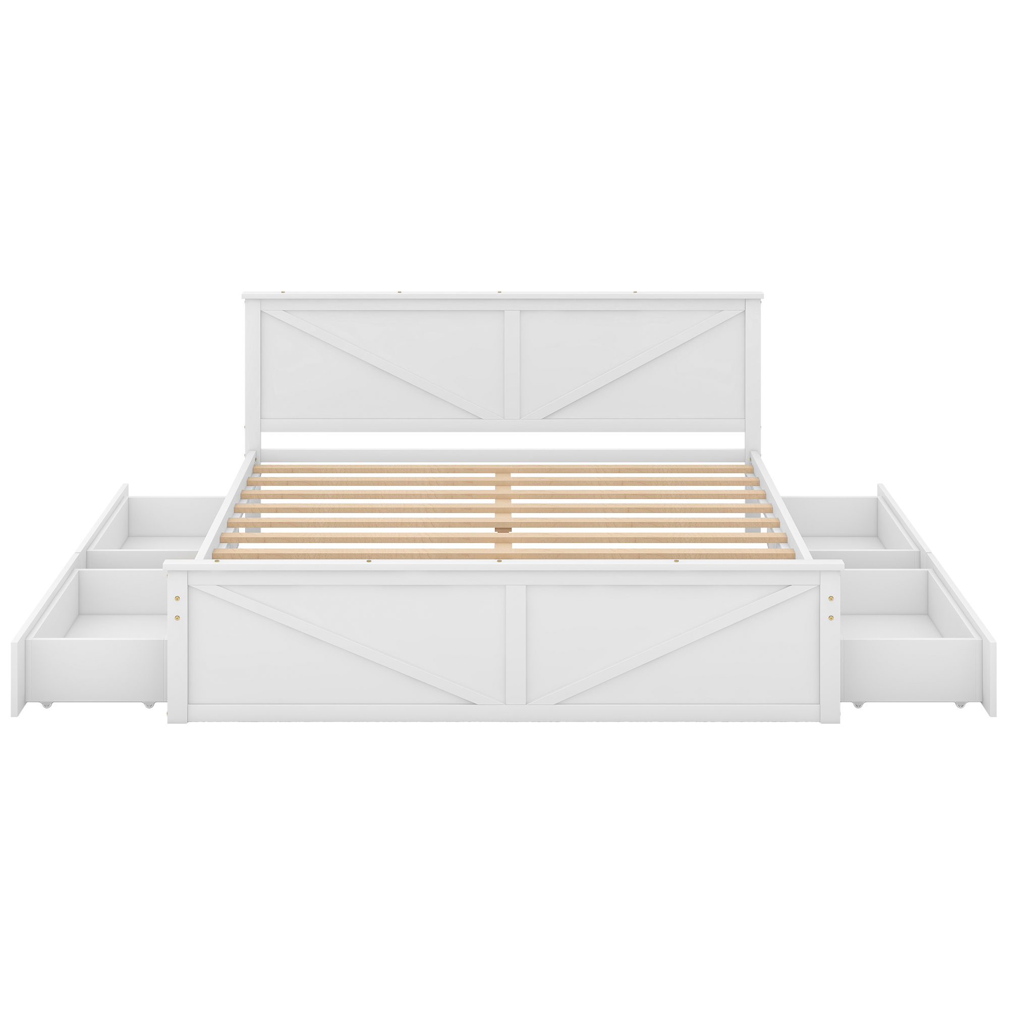 King/Queen Size Wooden Platform Bed with Four Storage Drawers and Support Legs, White/Gray