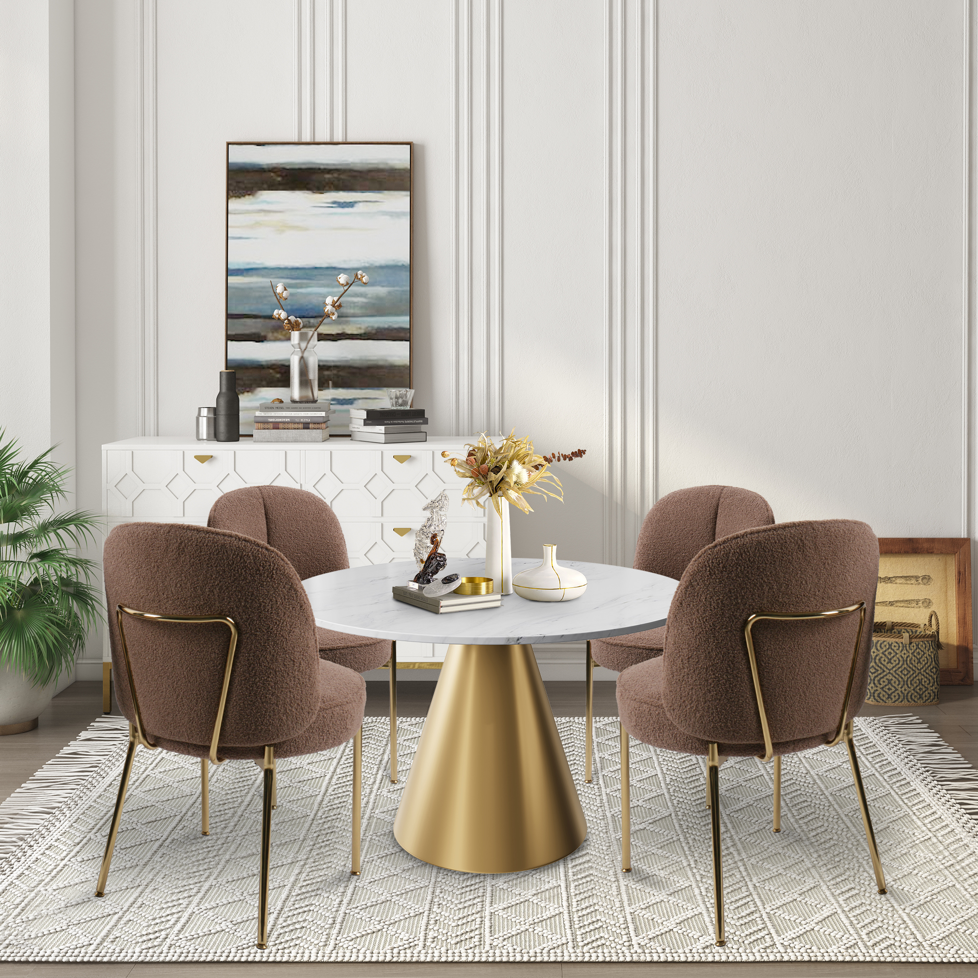 Teddy Fabric Dinning Chair in Greamy White/Brown/Army Green/Black with Adjustable Foot Nails (Set of 2)