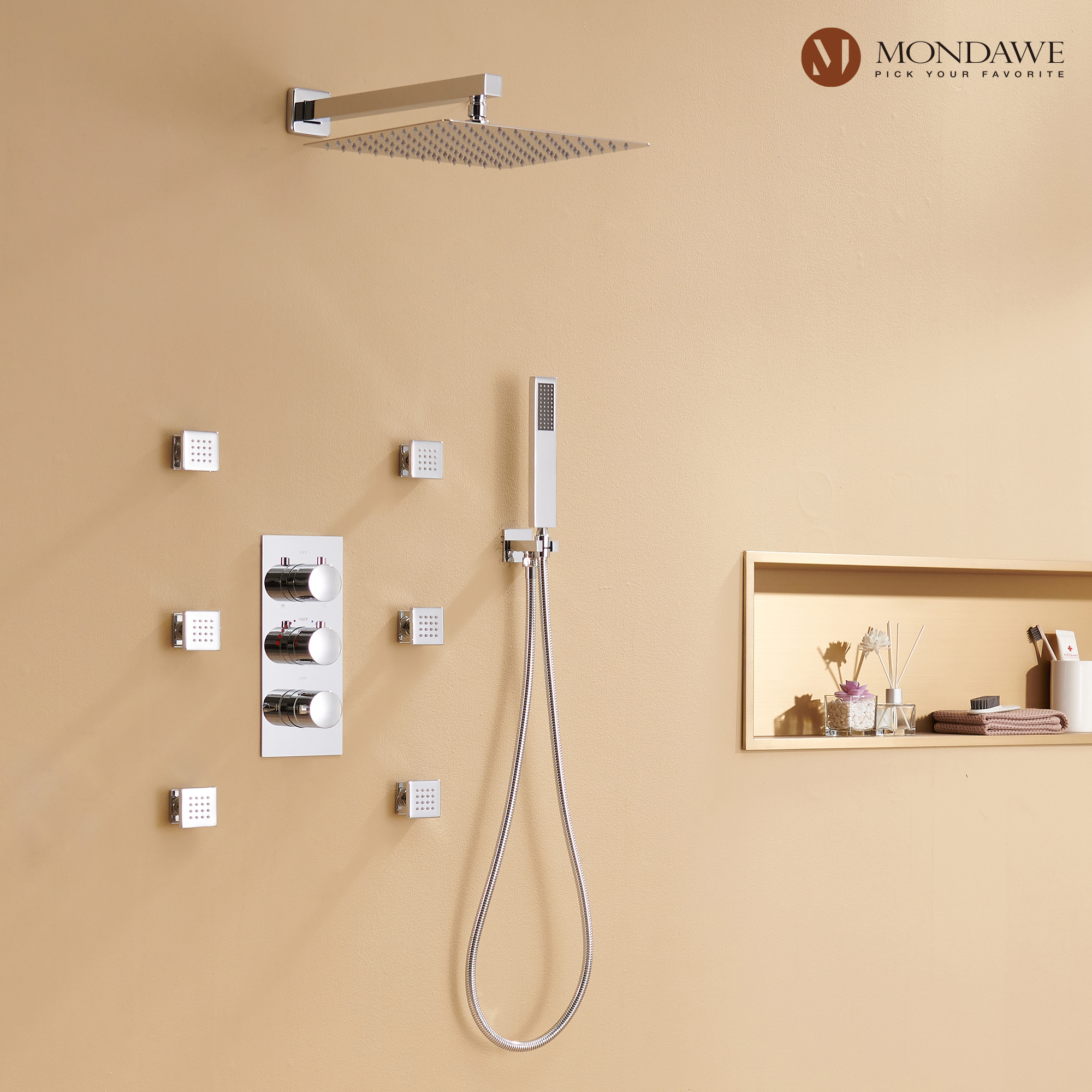 Mondawe Wall Mount Thermostatic Rain Head Shower System with Handheld Shower and Wall Body Jets-Mondawe