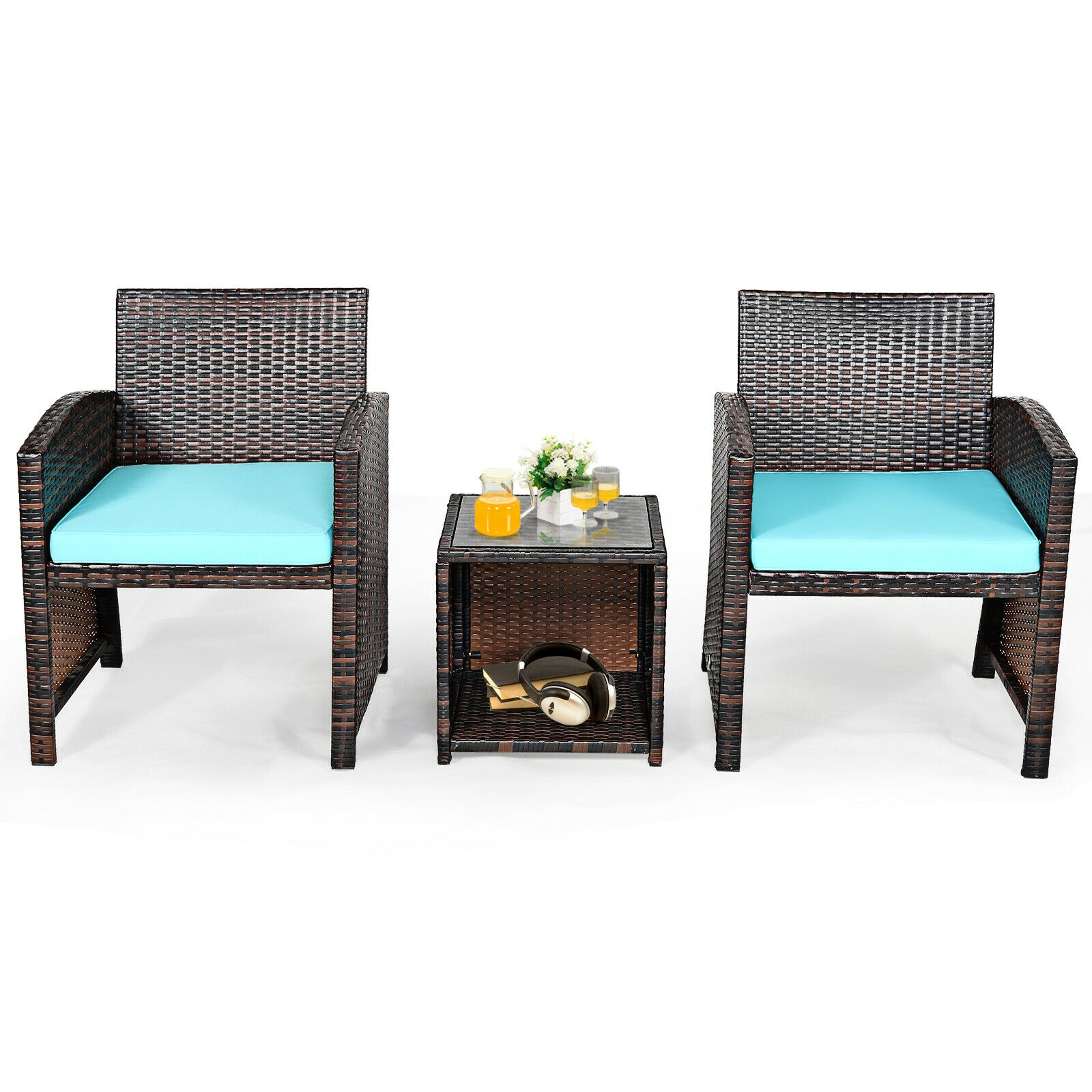 Mondawe 3 Pieces PE Rattan Wicker Furniture Set with Cushion Sofa Coffee Table for Garden-Turquoise-Mondawe