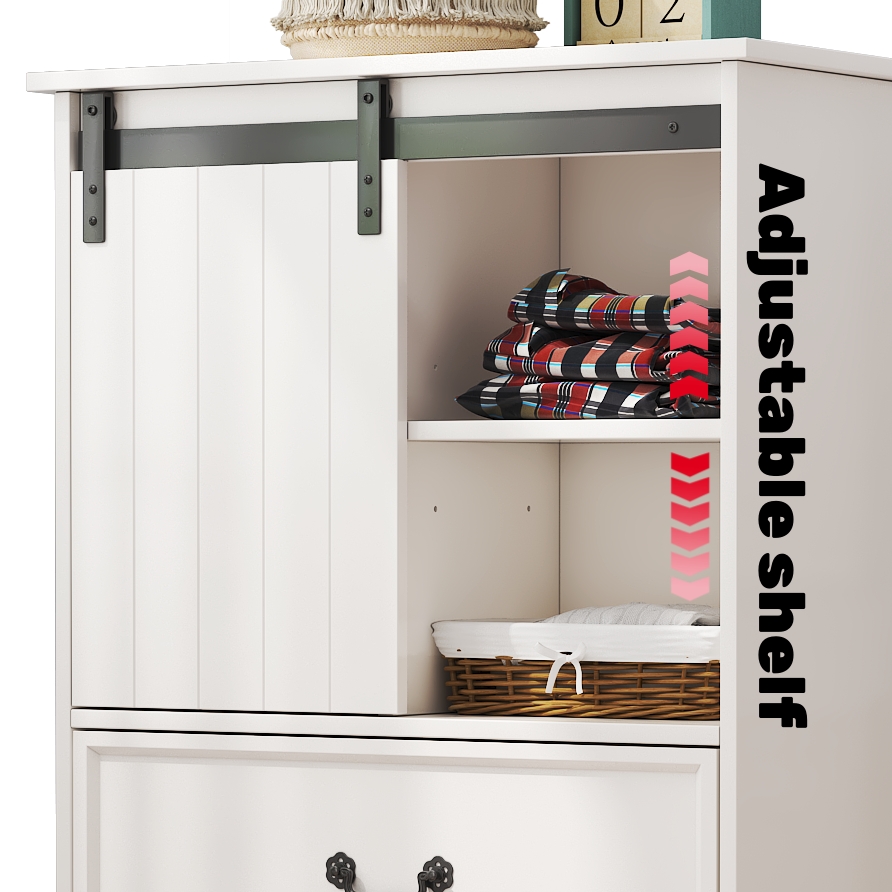 51'' Farmhouse Drawer Chest with Sliding Door, Multi-Storage Drawer Dresser with 5 Drawers and Storage Shelf, Tall Chest of Drawers with Adjustable Shelves for Bedroom, Living room 