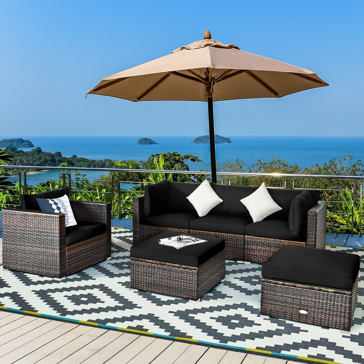 Mondawe 6 Pcs Patio Rattan Furniture Set with Sectional Cushion-Black-Mondawe