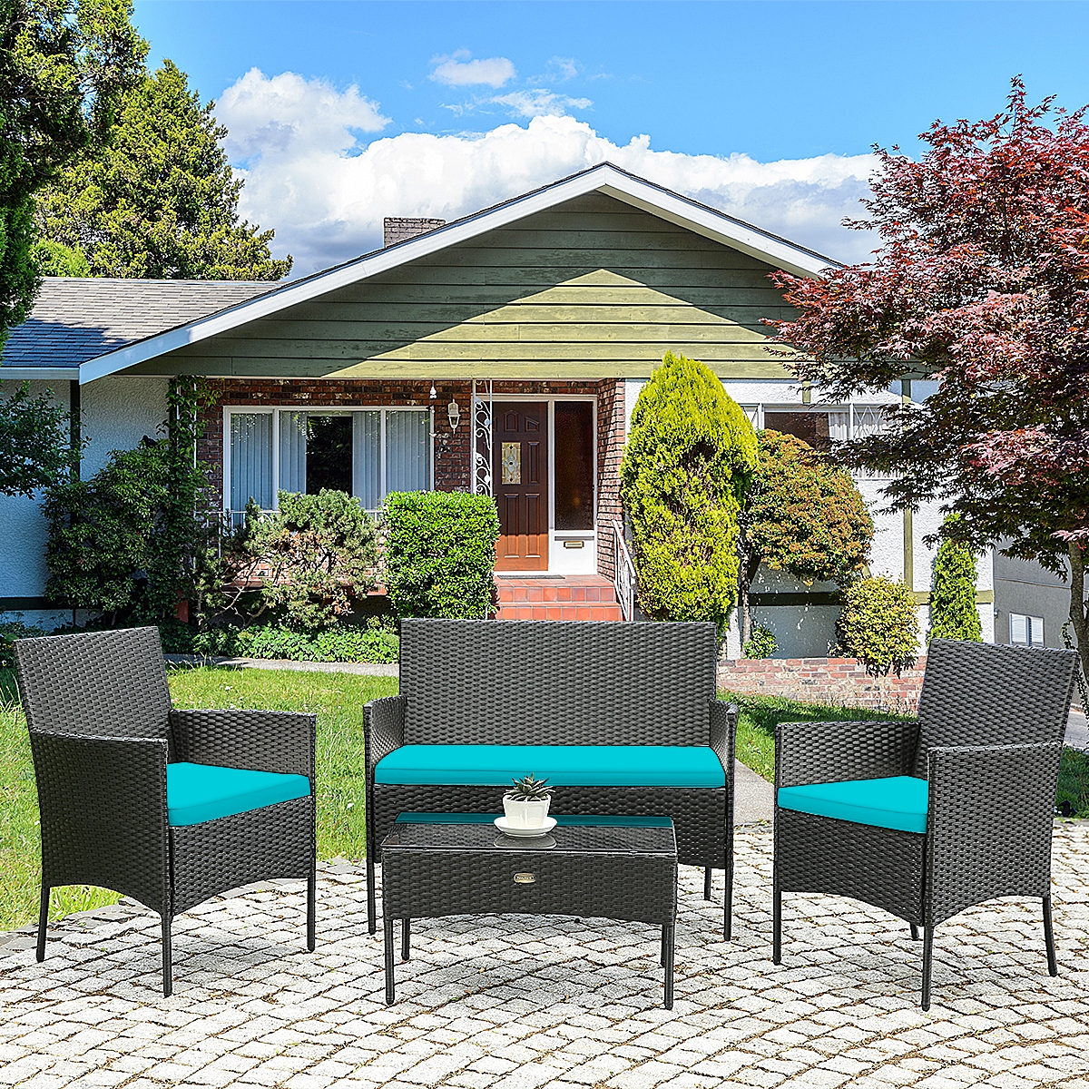 Mondawe 4 Pcs Patio Rattan Cushioned Sofa Furniture Set with Tempered Glass Coffee Table-Turquoise-Mondawe