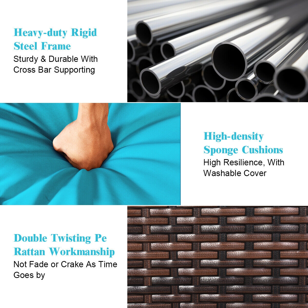 Mondawe 3 Piece Patio Wicker Rattan Sofa Set-Turquoise-Mondawe