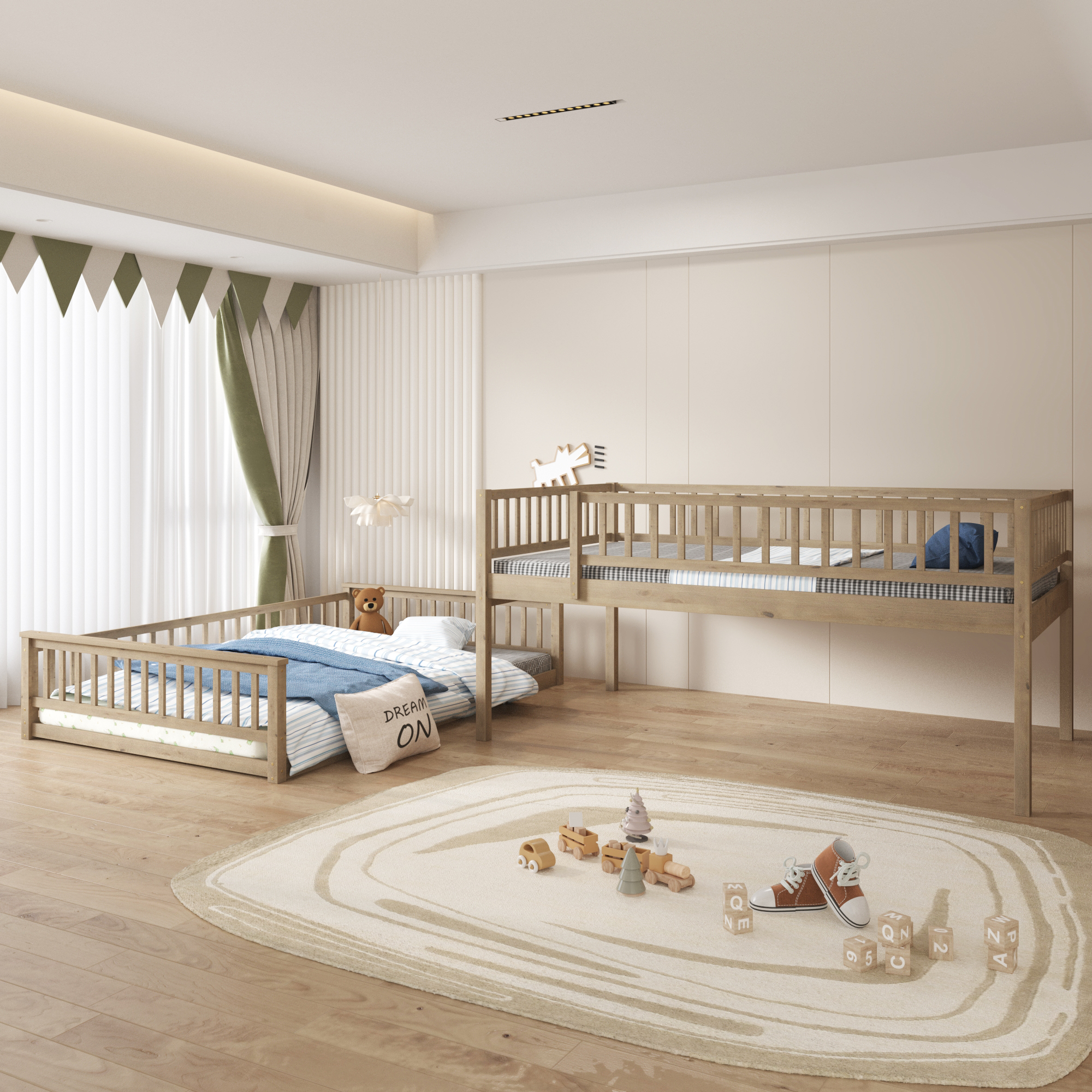 Full XL over Queen Bunk Bed with Ladder and Guardrails, Gray/Walnut