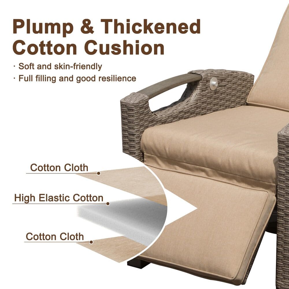 Outdoor Recliner Chair, Patio Recliner with Hand-Woven Wicker, Flip Table Push Back, Adjustable Angle, Thickness Cushions
