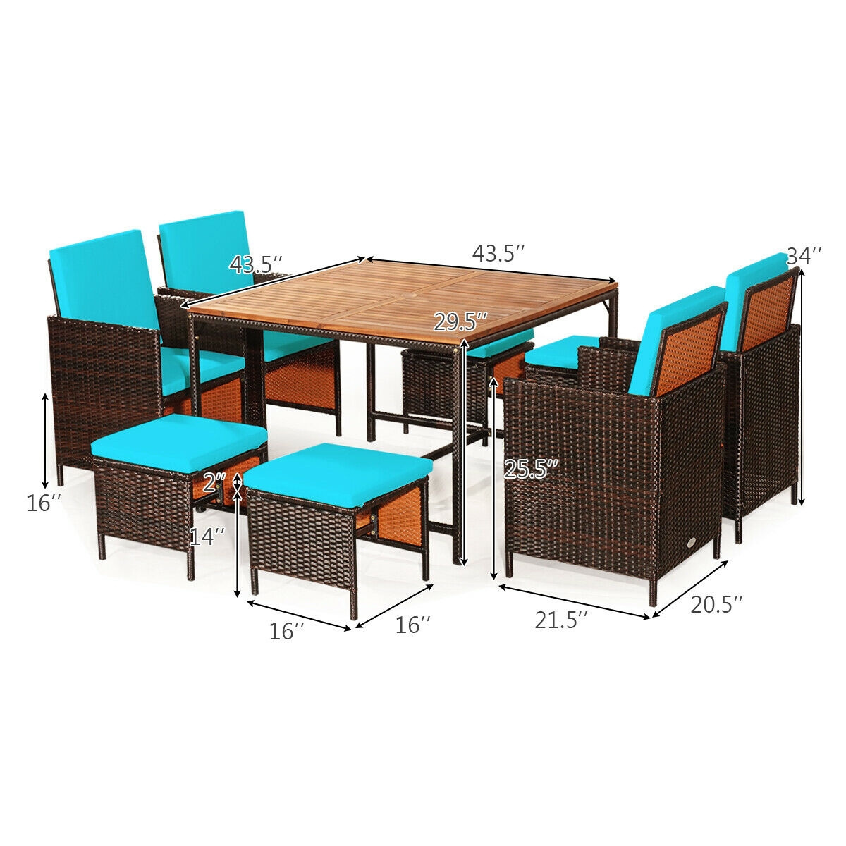 Mondawe 9PCS Patio Rattan Dining Cushioned Chairs Set-Turquoise-Mondawe