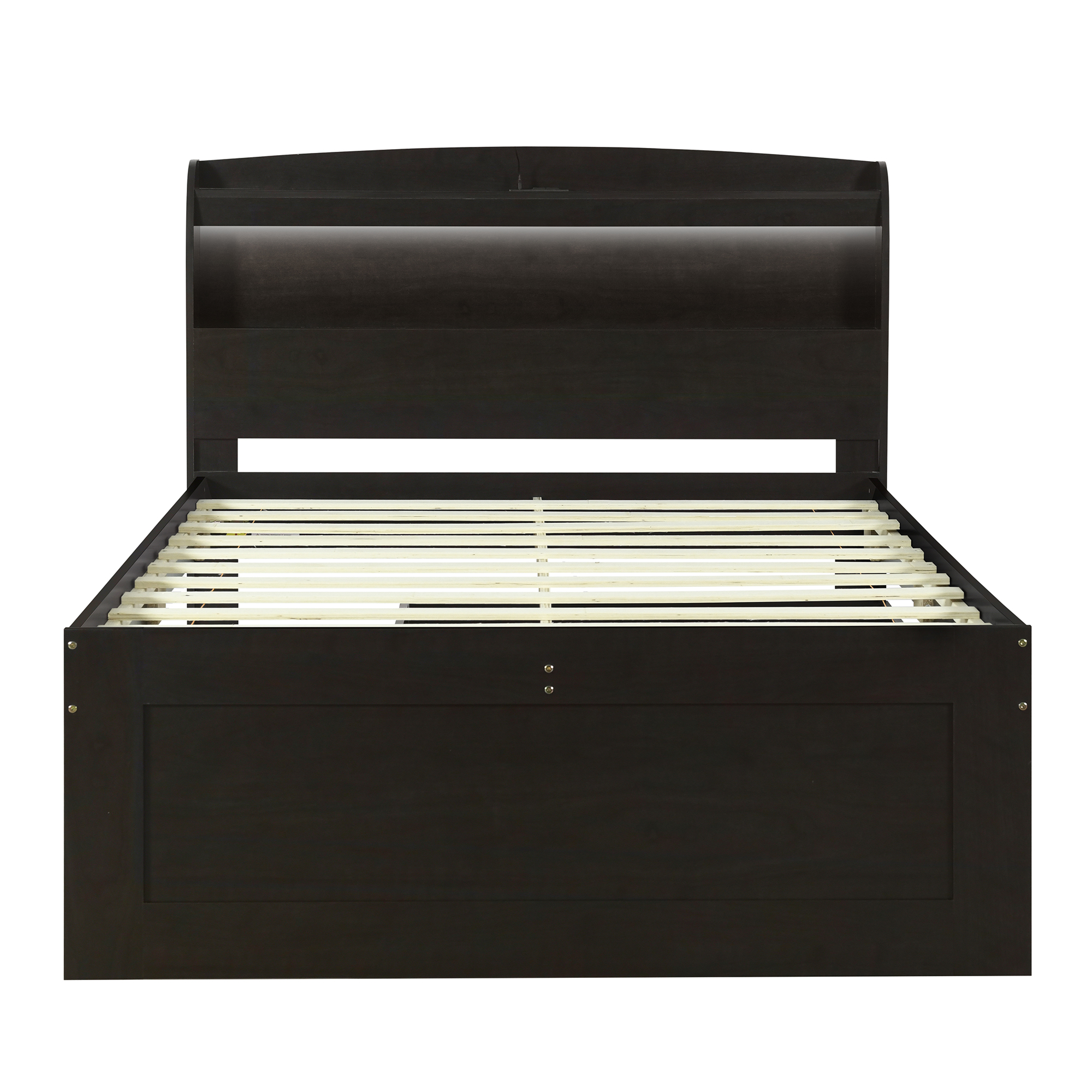 Full XL Size Platform Bed with Storage LED Headboard, Charging Station, Twin Size Trundle and 2 Drawers, Gray/Dark Brown