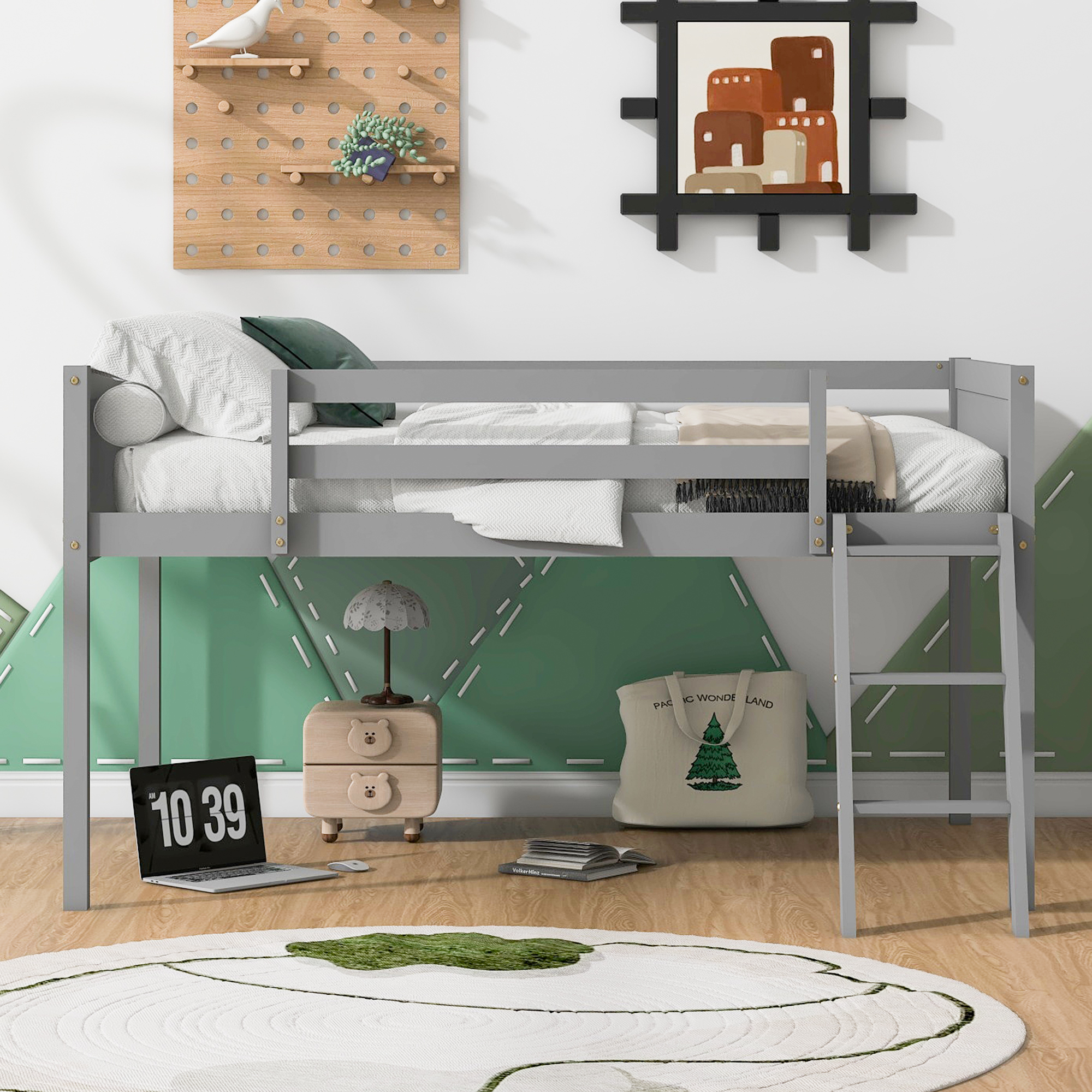 Full Size Wood Low Loft Bed with Ladder, ladder can be placed on the left or right, Gray/White