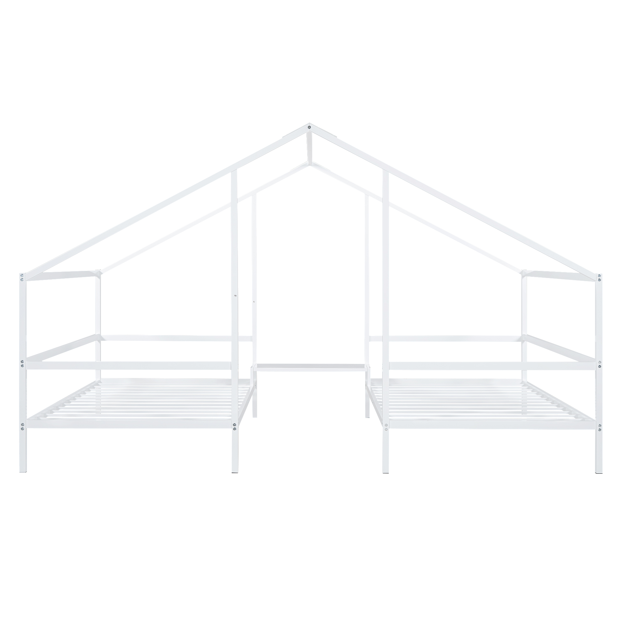 Metal Double Twin Size Triangular House Beds with Built-in Table, Gold/White