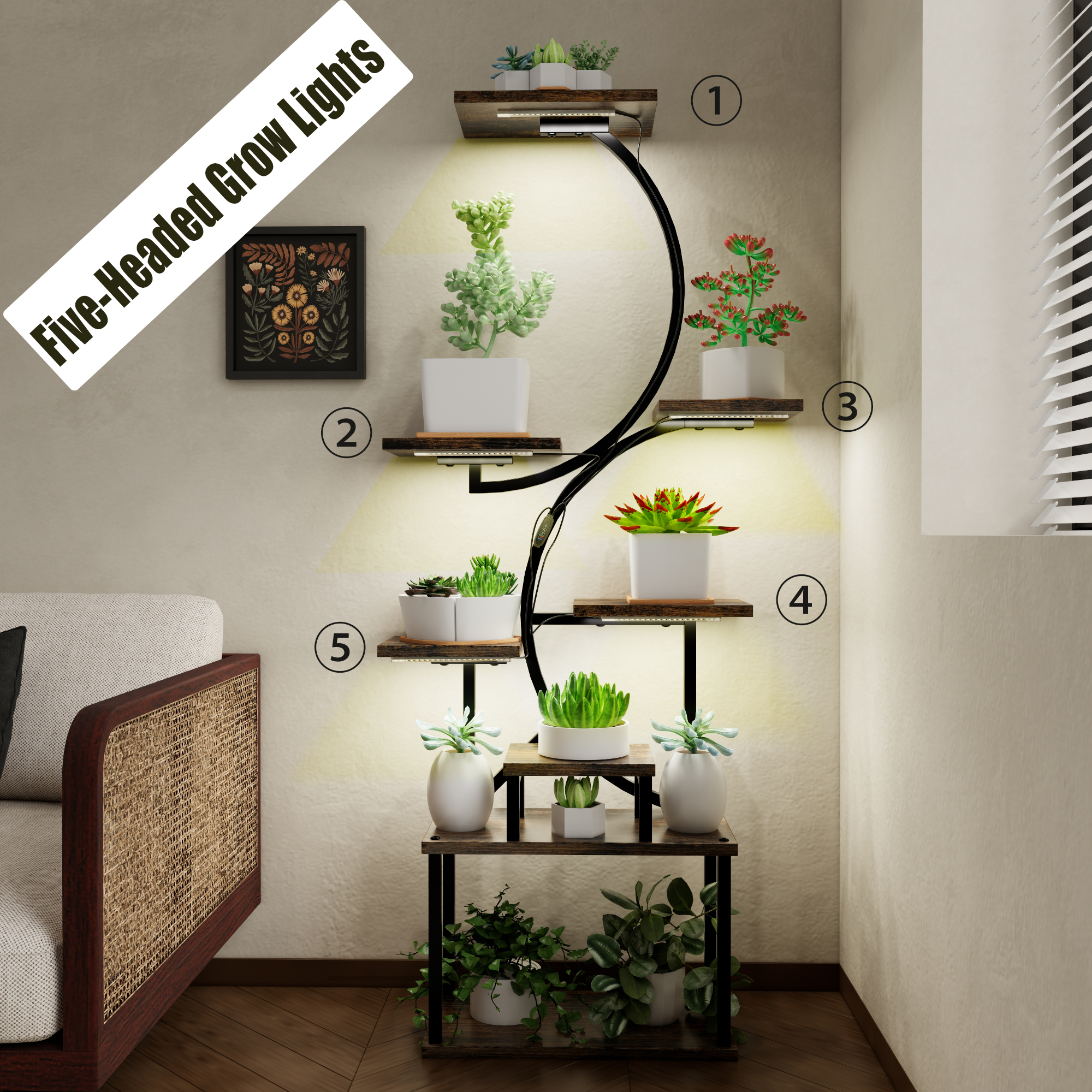 8-Tiered Indoor Plant Stand with 5 Grow Lights, 10-Level Stepless Dimming, Durable Thickened Metal Steel Pipe (0.8mm) for Living Room, Garden 