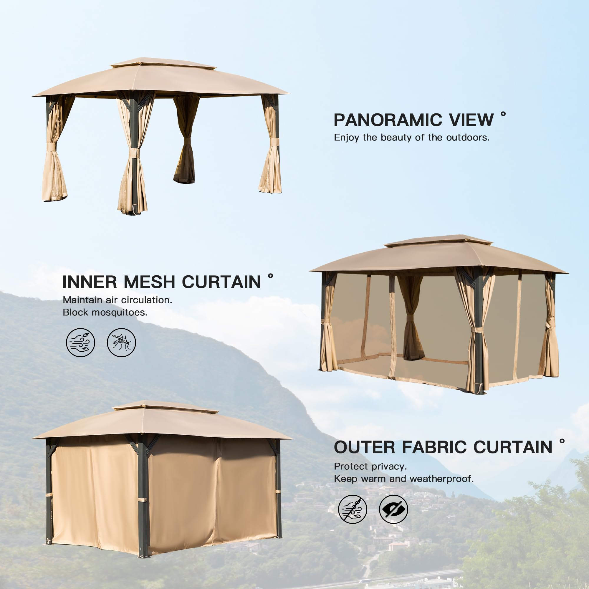 Outdoor Gazebo with Double Roofs, Privacy Curtains, Mosquito Nettings, Heavy Duty Metal Frame Party Tent Canopy for Patio, Backyard, Deck, Lawn