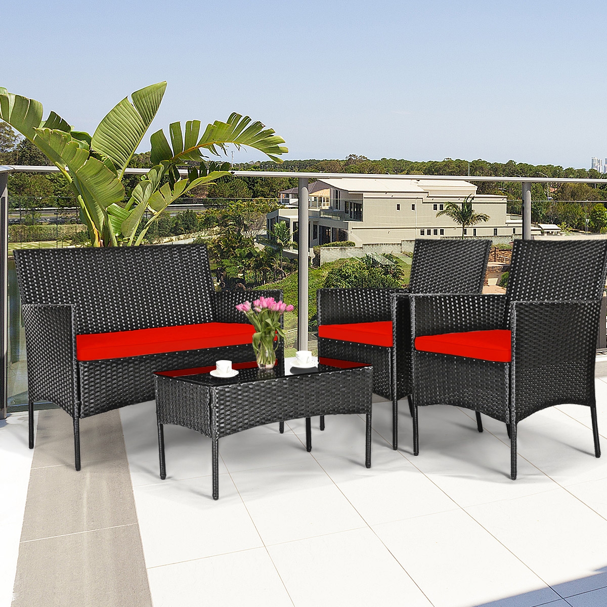 Mondawe 4 Pcs Patio Rattan Cushioned Sofa Furniture Set with Tempered Glass Coffee Table-White/Red/Turquoise-Mondawe