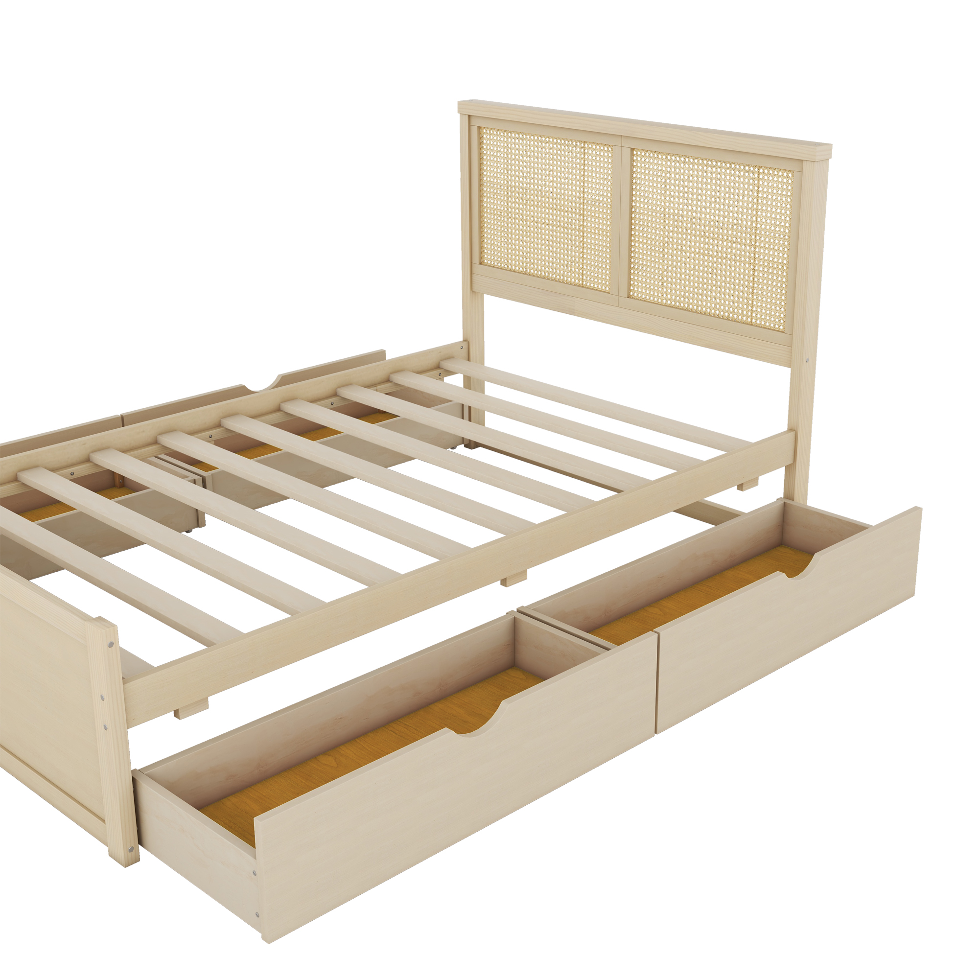 Queen/Full Size Wood Storage Platform Bed with 4 Drawers, Rattan Headboard, Espresso/Nature 