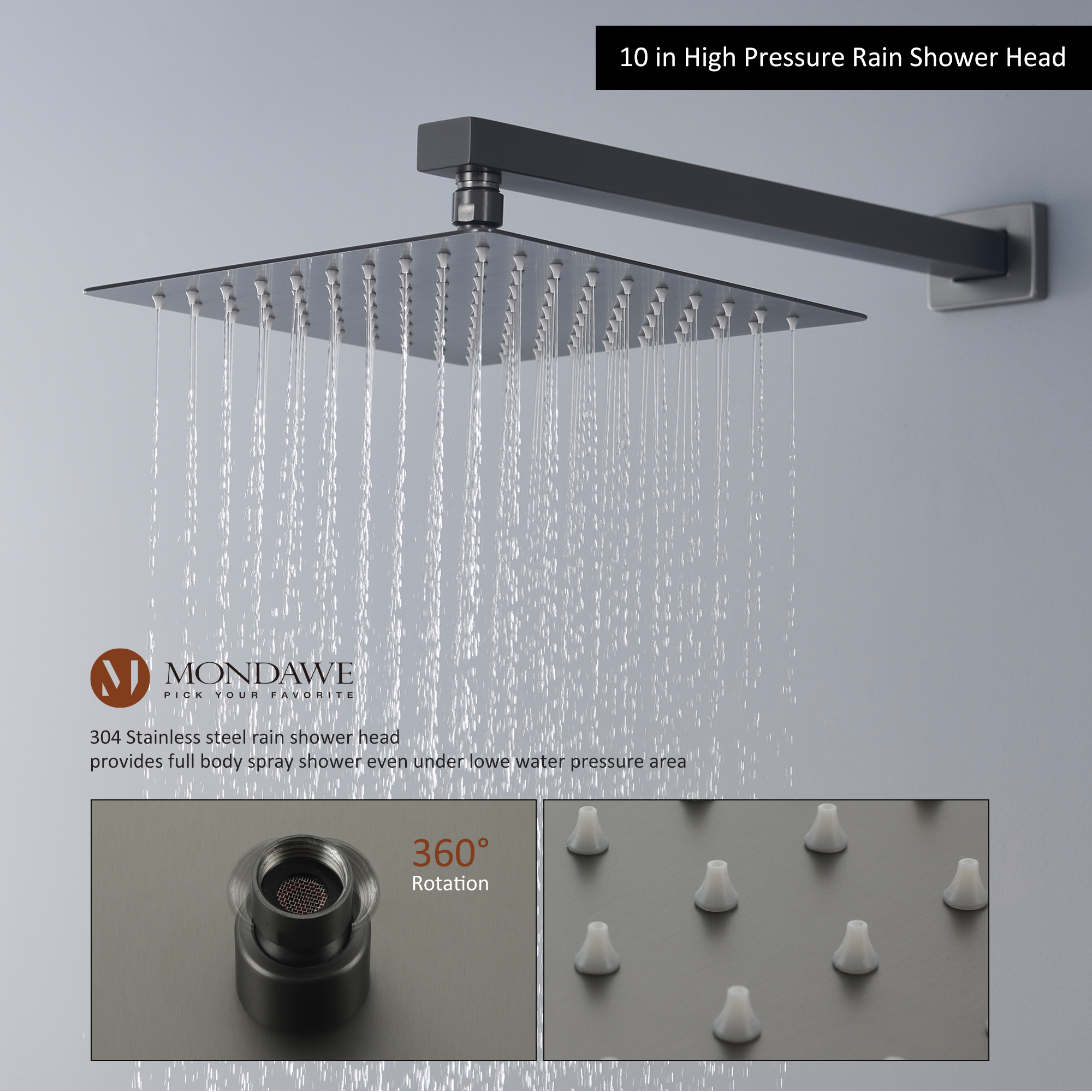 Mondawe Three function Pressure Balance Shower Set with 10 in Shower Head(5 color, Valve Included)-Mondawe