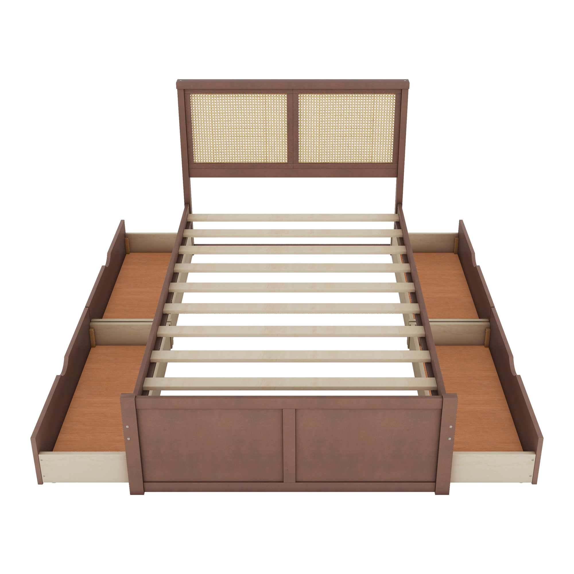 Queen/Full Size Wood Storage Platform Bed with 4 Drawers, Rattan Headboard, Espresso/Nature 