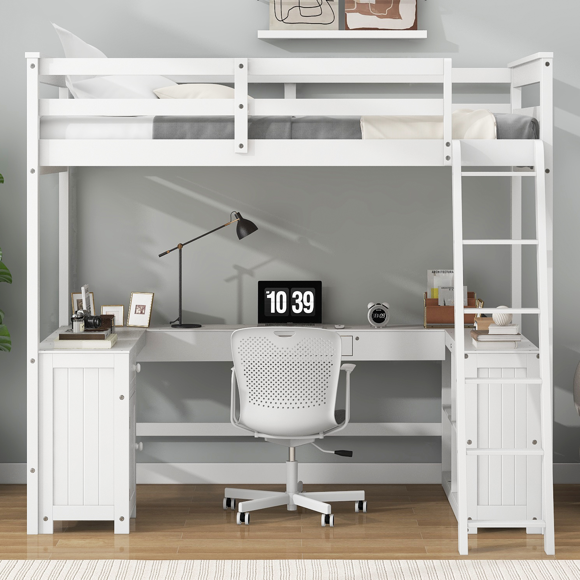 Full/Twin Size Loft Bed with U-shaped Desk, Drawers and Storage Shelves, White/Antique Brown 
