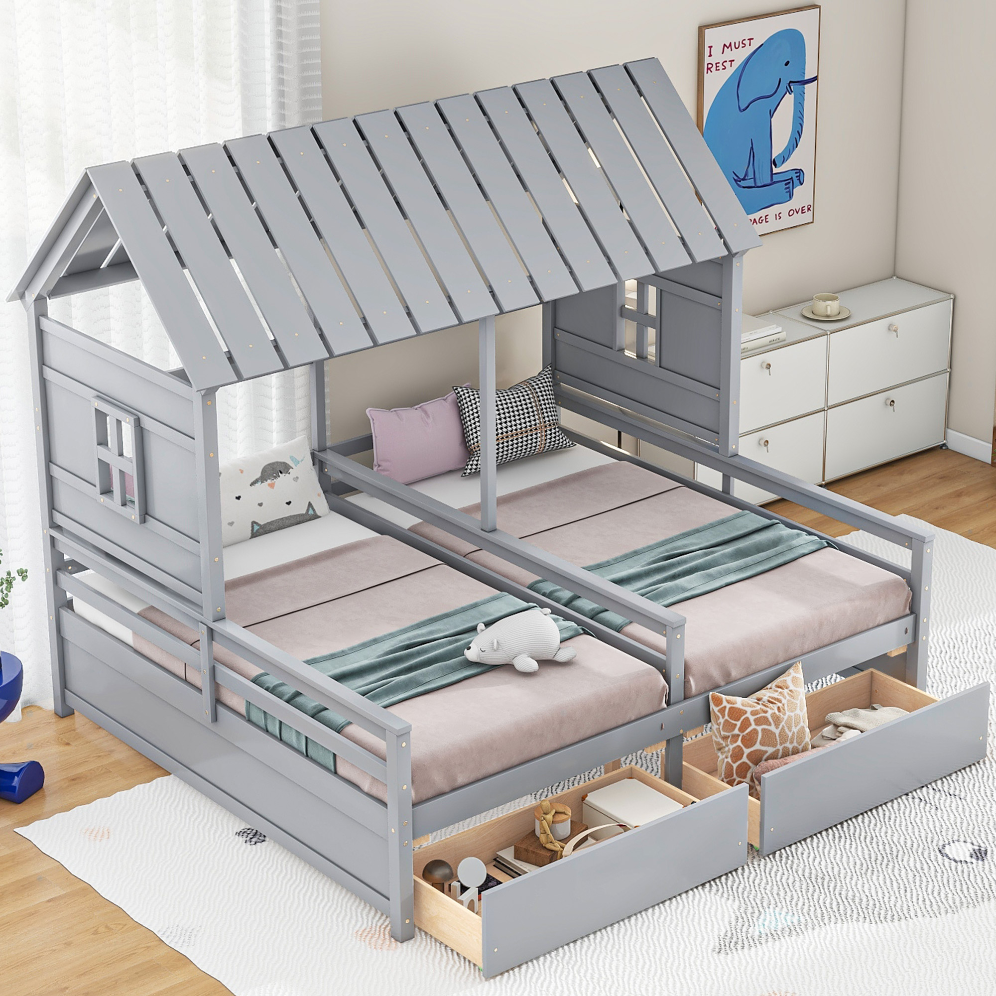 Twin Size House Platform Beds with Two Drawers for Boy and Girl Shared Beds, Combination of 2 Side by Side Twin Size Beds, Gray/White