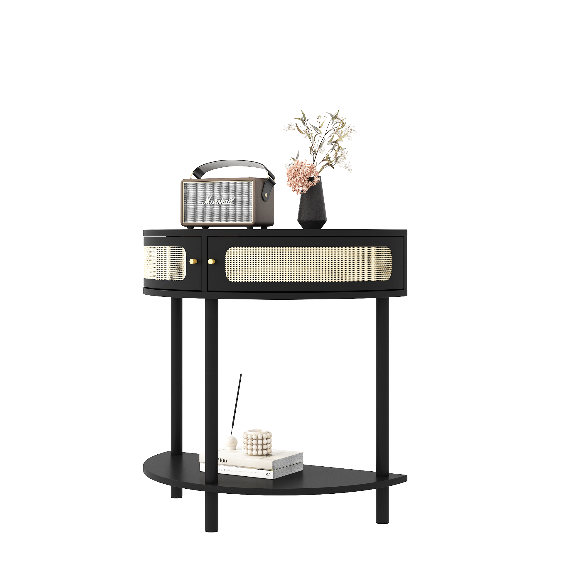 Unique Half Moon Design End Table with Sliding Rattan Door,Elegant Semi-circle Entryway Console Table with 2 Rattan Storage Cabinet and Bottom Shelf for Living room, Bedroom, Study, Hallway 