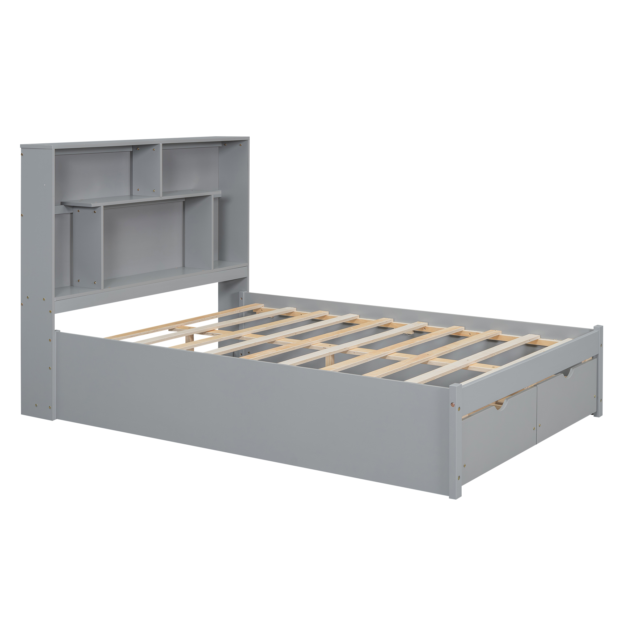 Full/Queen Size Platform Bed with Storage Headboard and 2 Drawers, Gray/White