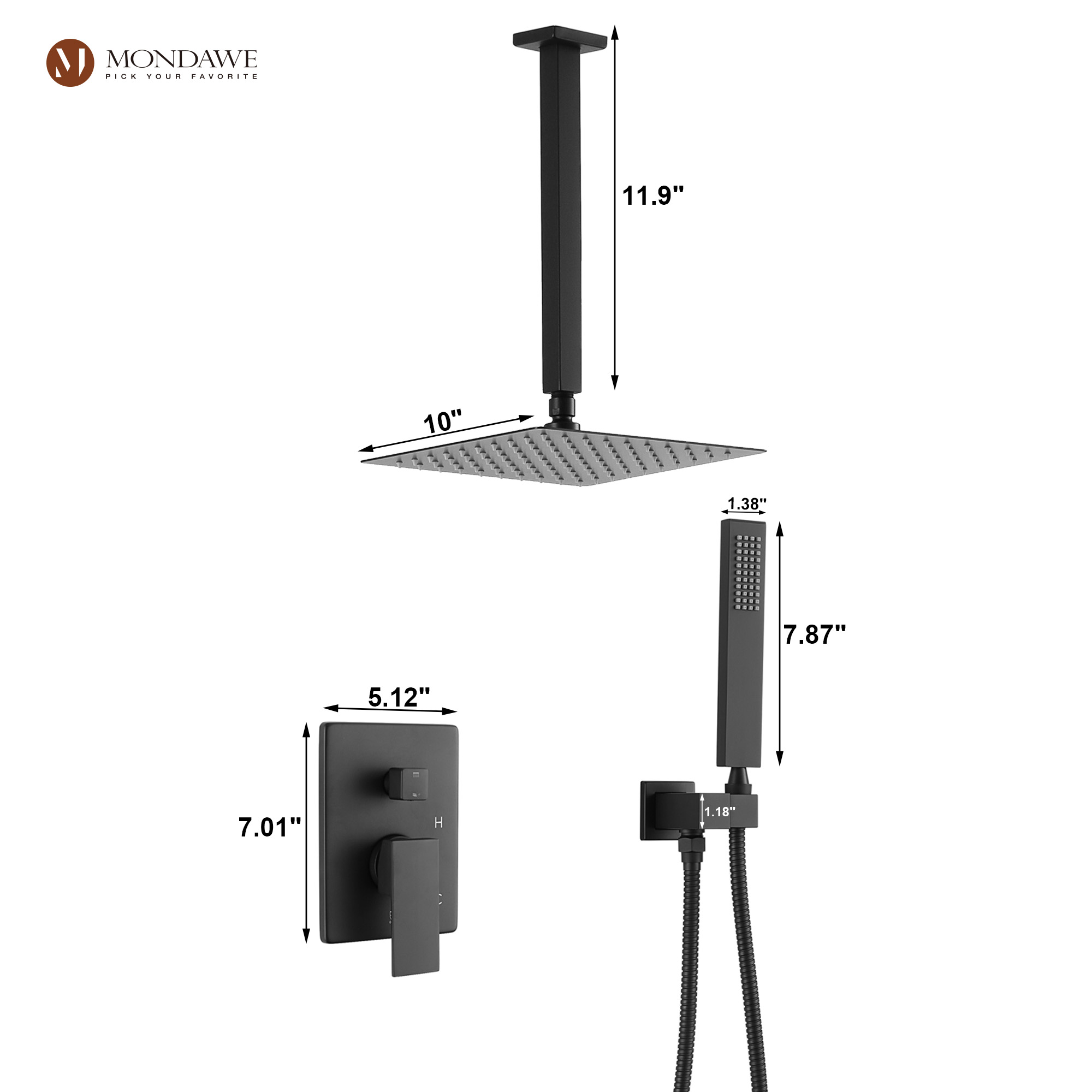 Mondawe 10 Inch Square Bathroom Shower Set(black, chrome, gold, nickel,  gun black)-Mondawe