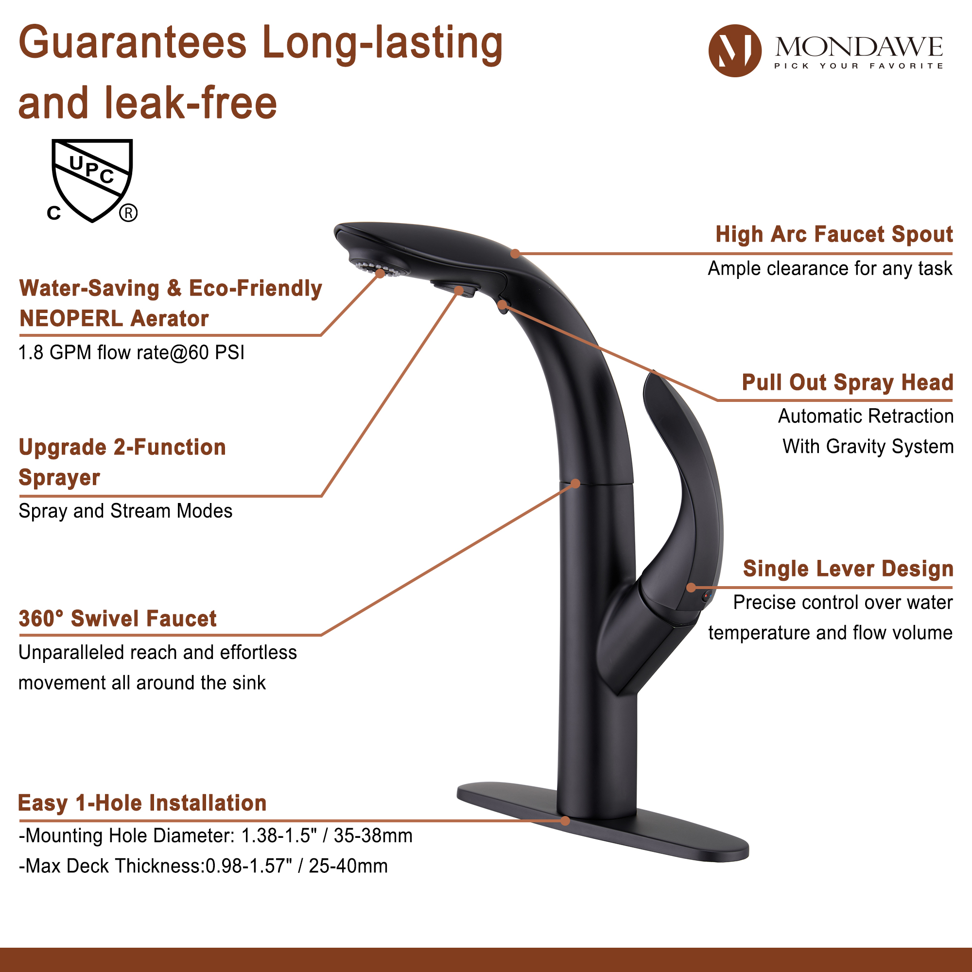 Mondawe 3-FunctionTulip High Arc Pull Down Single Handle Deck Mount Best Kitchen Faucets 2022-Mondawe