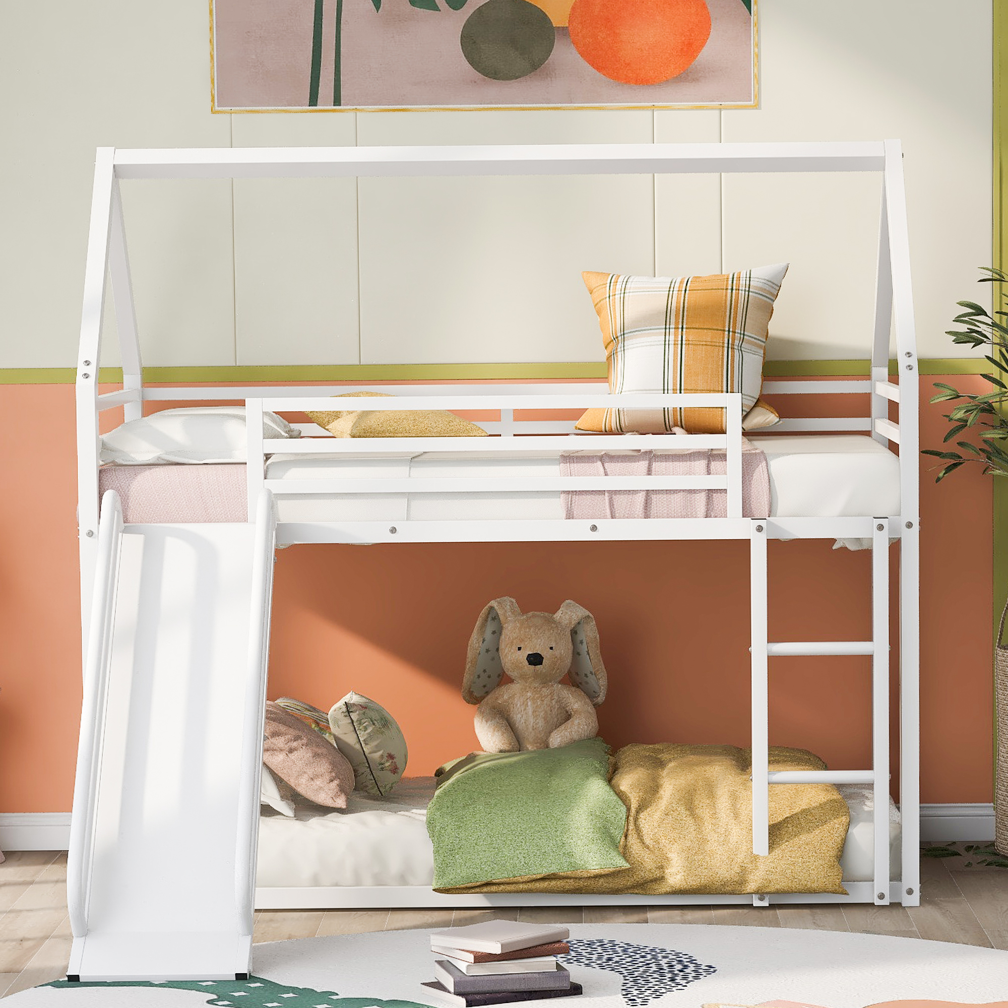 Twin over Twin House Bunk Bed with Ladder and Slide,White/Black