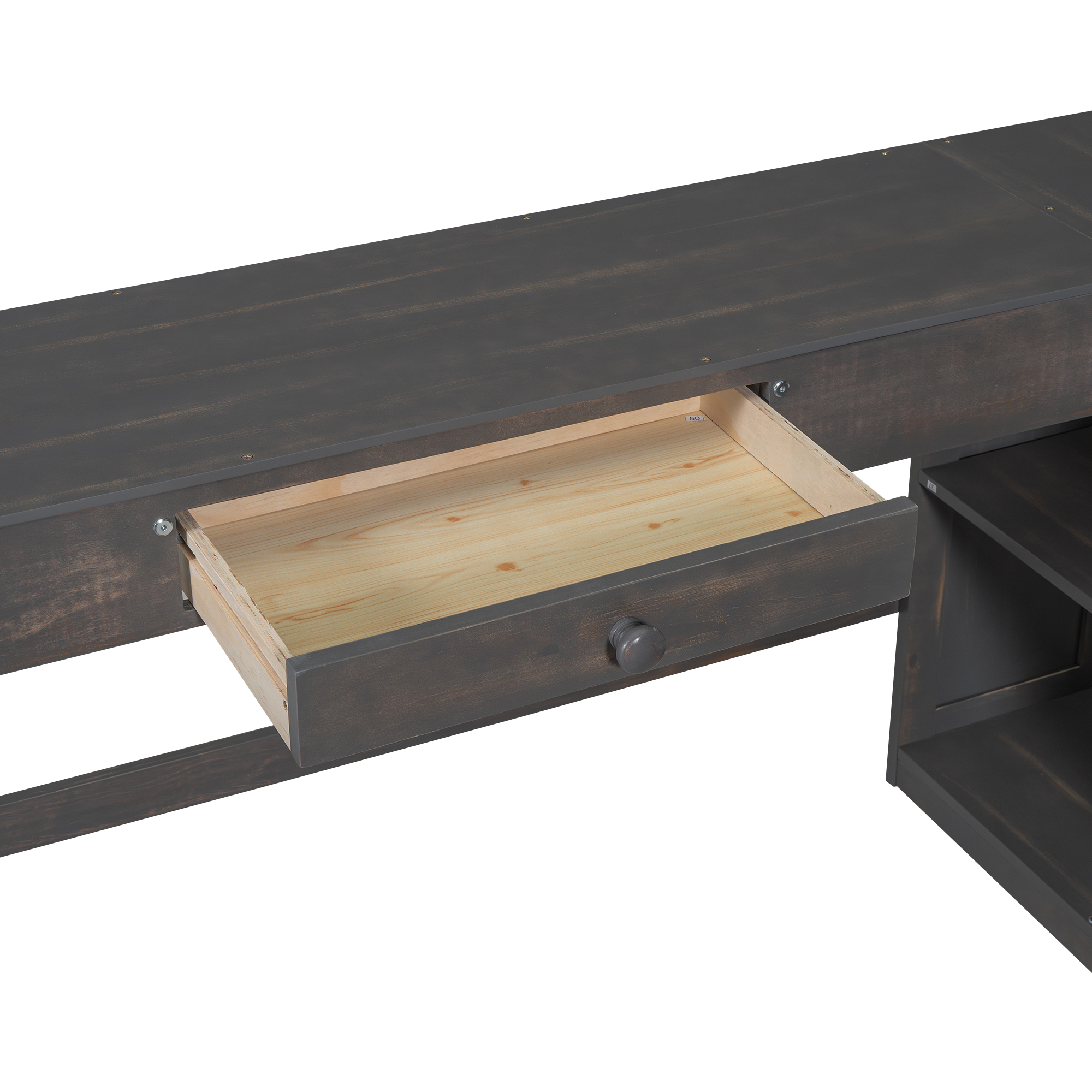 Full/Twin Size Loft Bed with U-shaped Desk, Drawers and Storage Shelves, White/Antique Brown 