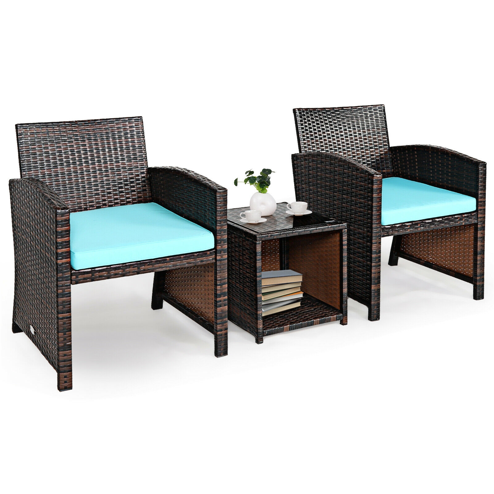 Mondawe 3 Pieces PE Rattan Wicker Furniture Set with Cushion Sofa Coffee Table for Garden-Turquoise-Mondawe