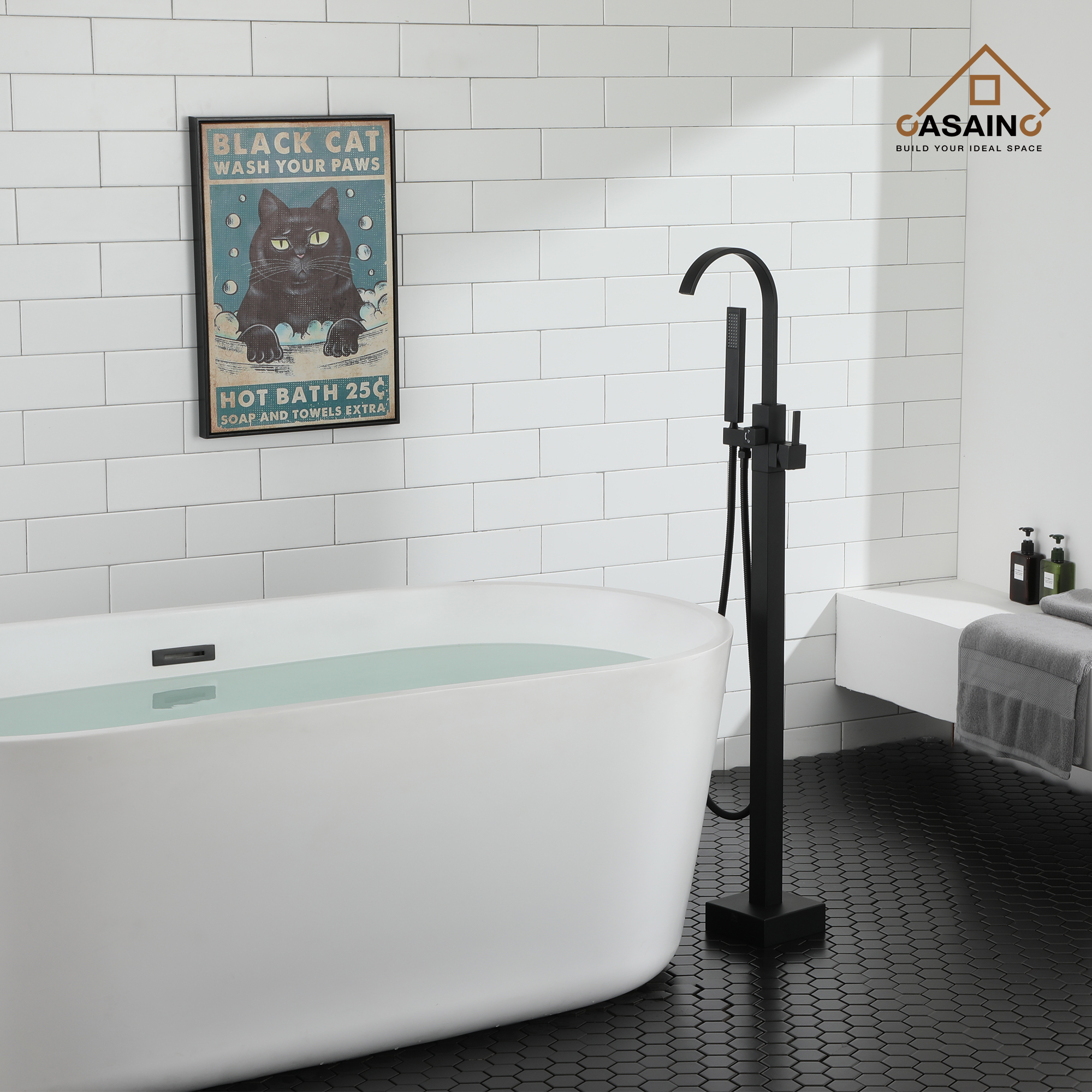 Single-Handle Floor-Mounted Bathtub Faucet High Flow Bathroom Tub Filler with Hand Shower, Brushed Nickel/Matte Black/Chrome