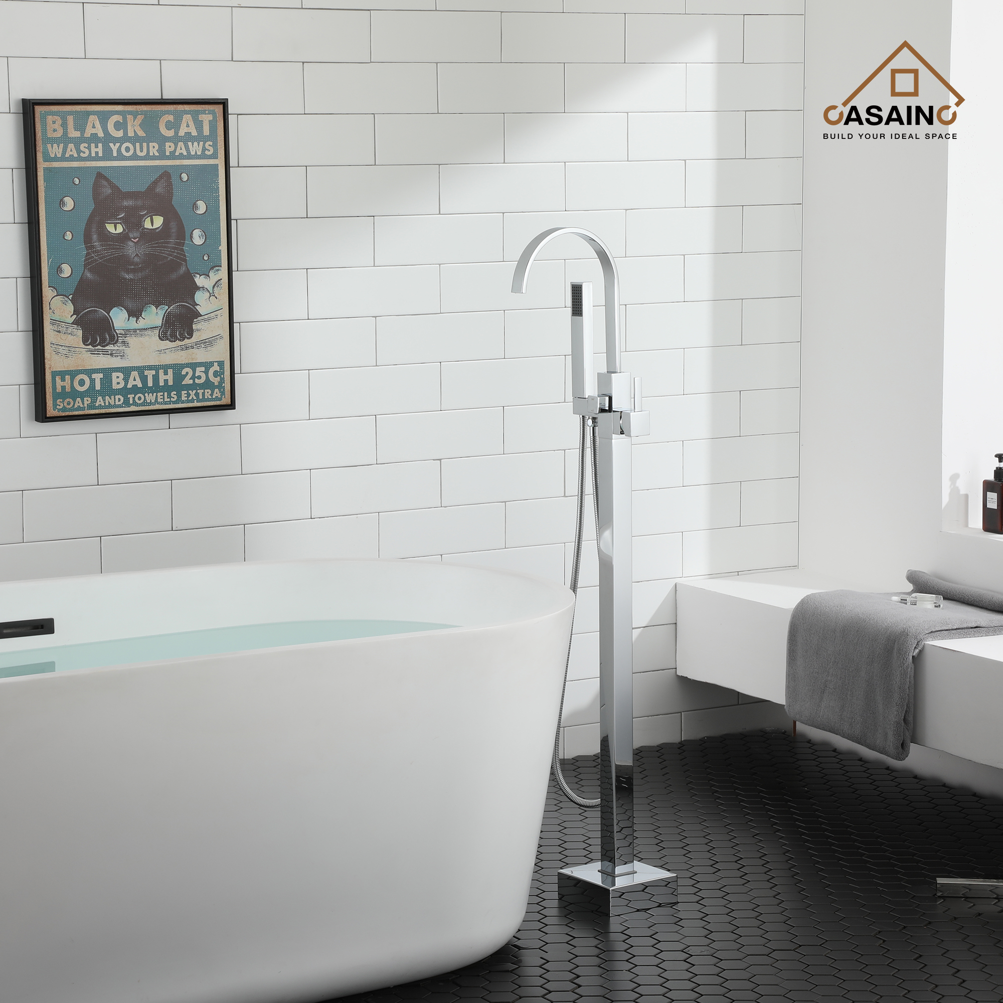 Single-Handle Floor-Mounted Bathtub Faucet High Flow Bathroom Tub Filler with Hand Shower, Brushed Nickel/Matte Black/Chrome