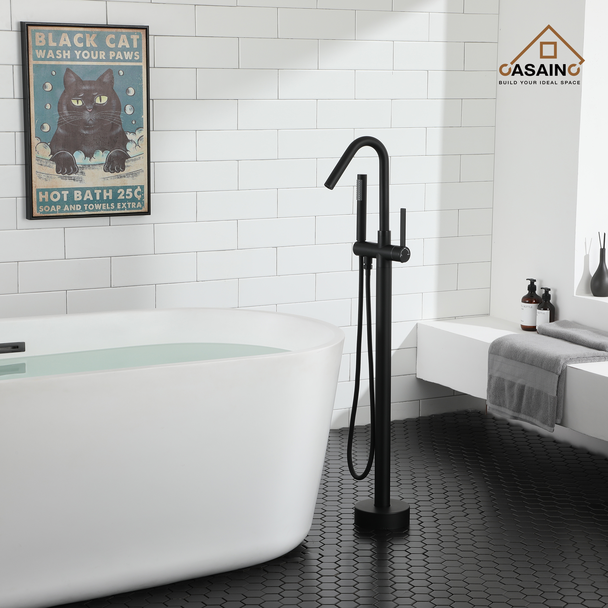 Freestanding Bathtub Faucet with Hand Shower, 360-Degree Swivel Spout, 2.5 GPM High Flow Rate Brushed Brass