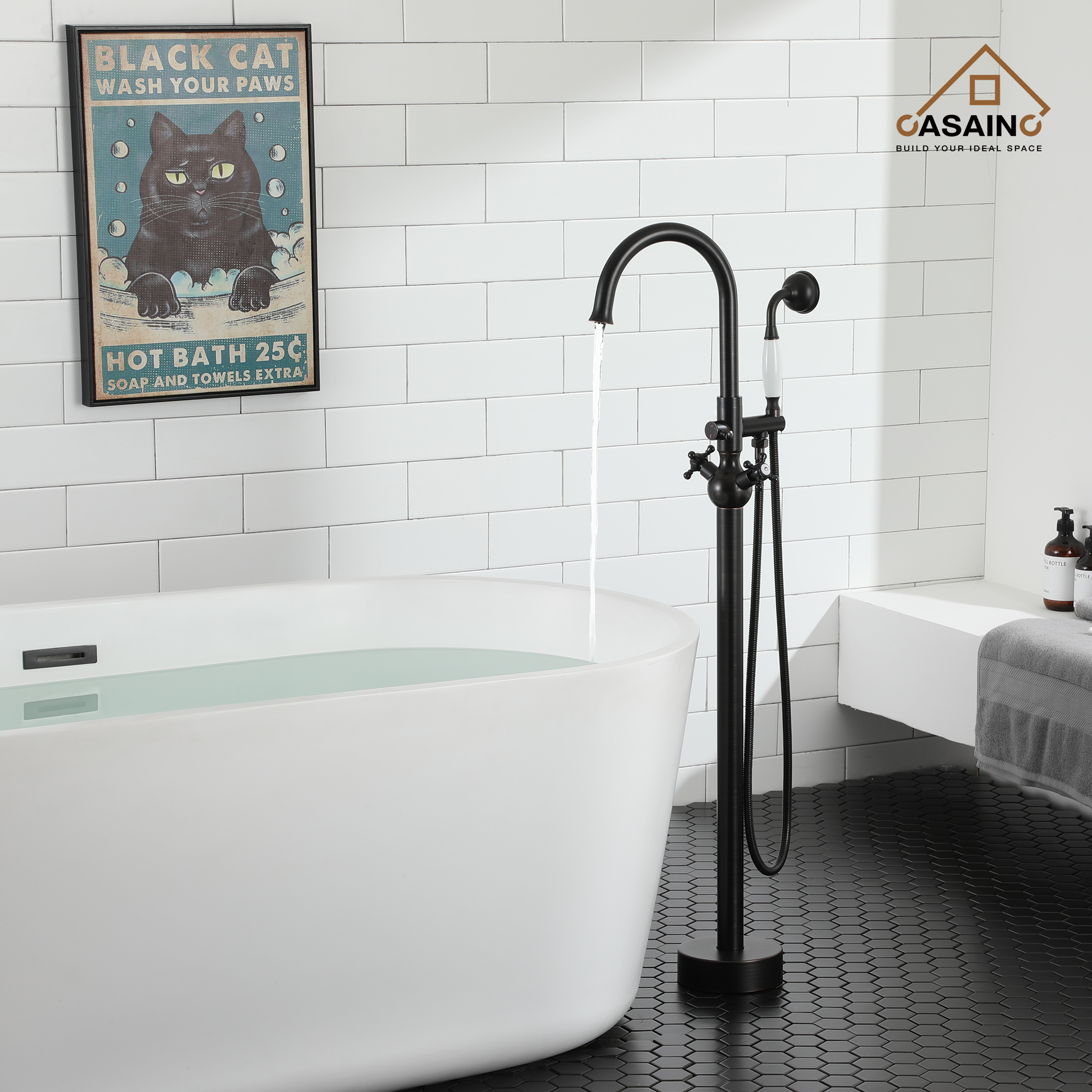 Vintage 2-Handle Floor-Mount Buthtub Freestanding Roman Tub Faucet in Brushed Brass