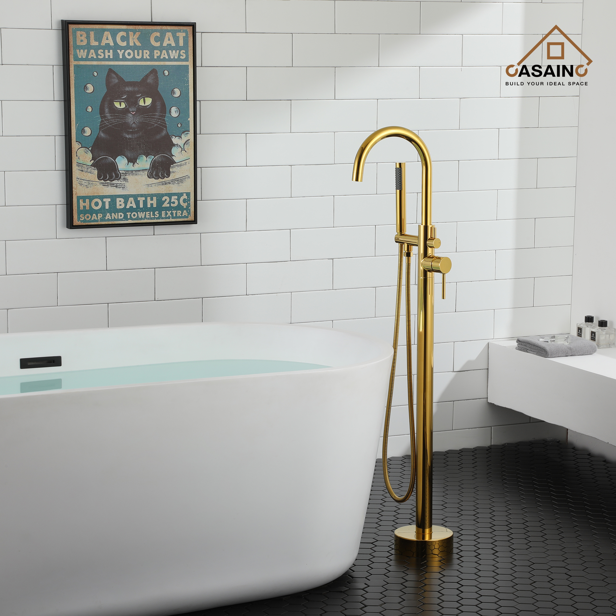 Single-Handle Floor Mounted Claw Foot Freestanding Tub Faucet in Titanium Gold