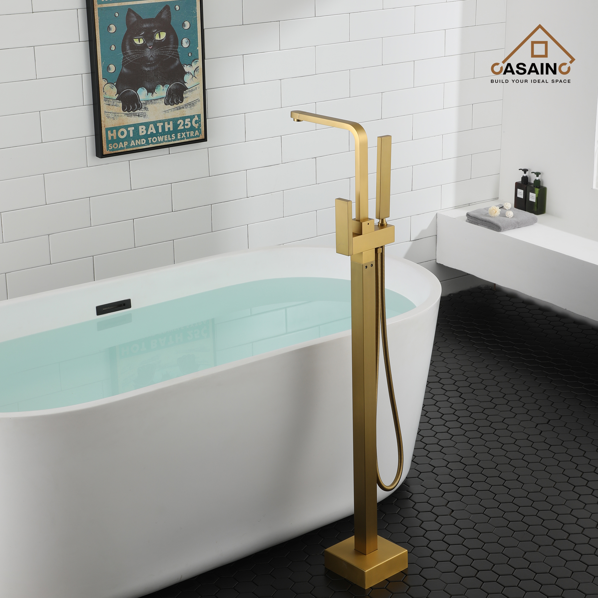 Single-Handle Free-Standing Tub Faucet with Rectangle Hand Shower in Brushed Brass/Brushed Nickel/Oil Rubbed Bronze/Matte Black