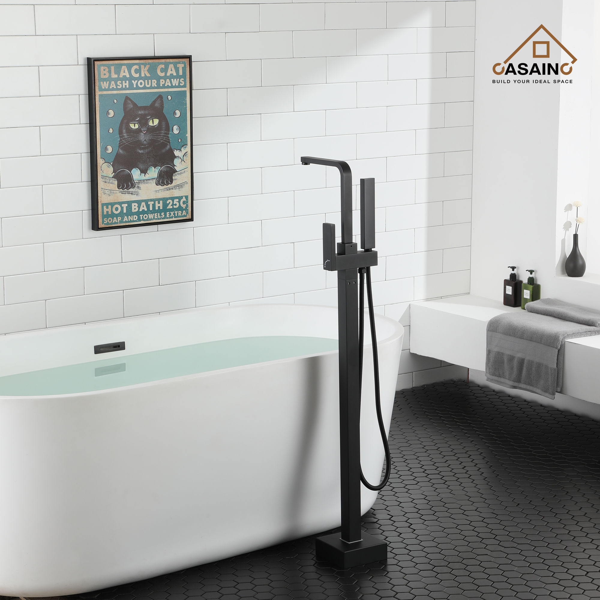 Single-Handle Free-Standing Tub Faucet with Rectangle Hand Shower in Brushed Brass/Brushed Nickel/Oil Rubbed Bronze/Matte Black