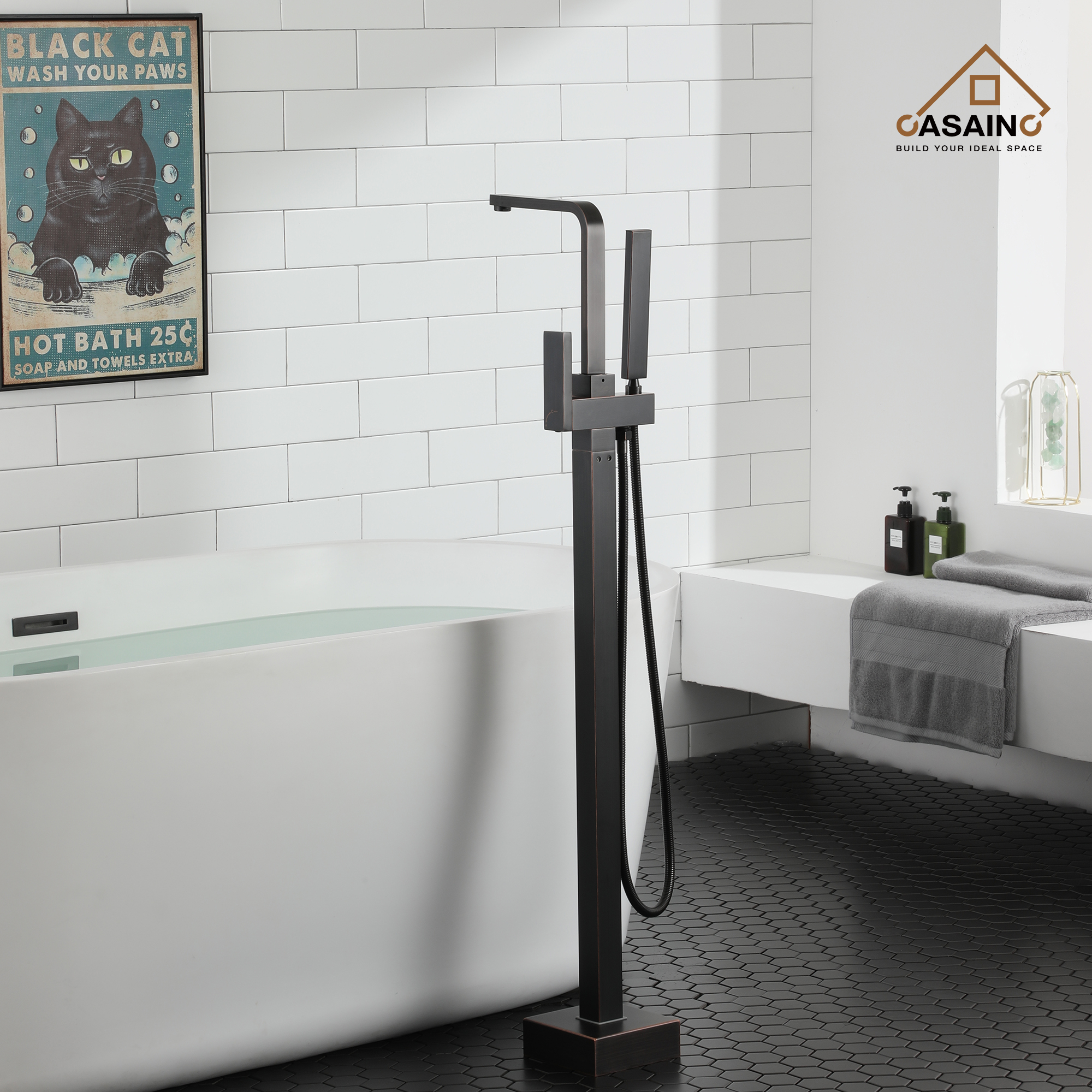 Single-Handle Free-Standing Tub Faucet with Rectangle Hand Shower in Brushed Brass/Brushed Nickel/Oil Rubbed Bronze/Matte Black