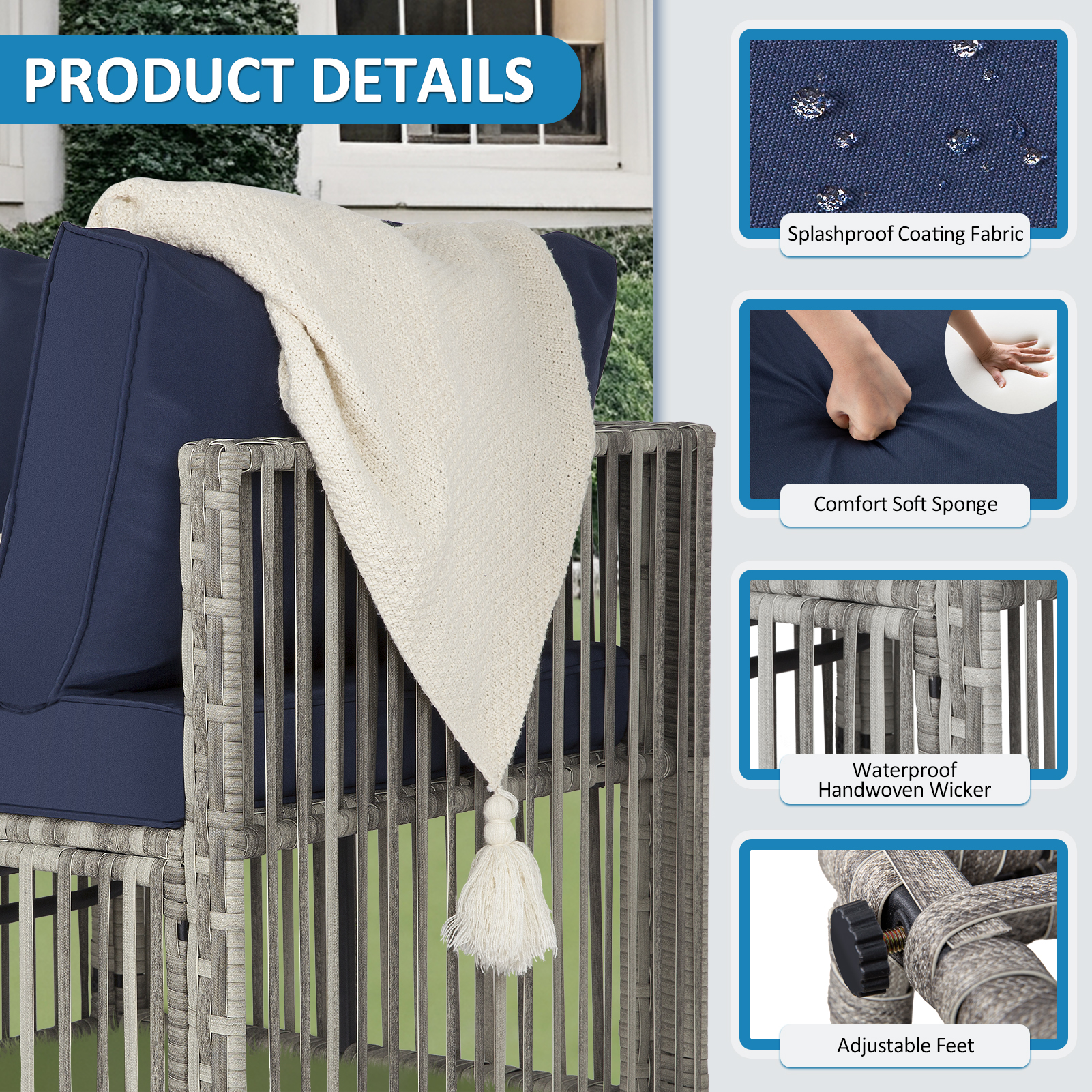 7-Piece Outdoor Patio Furniture Set – PE Rattan Sectional Sofa with Cushions & Coffee Table, All-Weather Wicker, Removable Covers，Gray/Blue/Brown